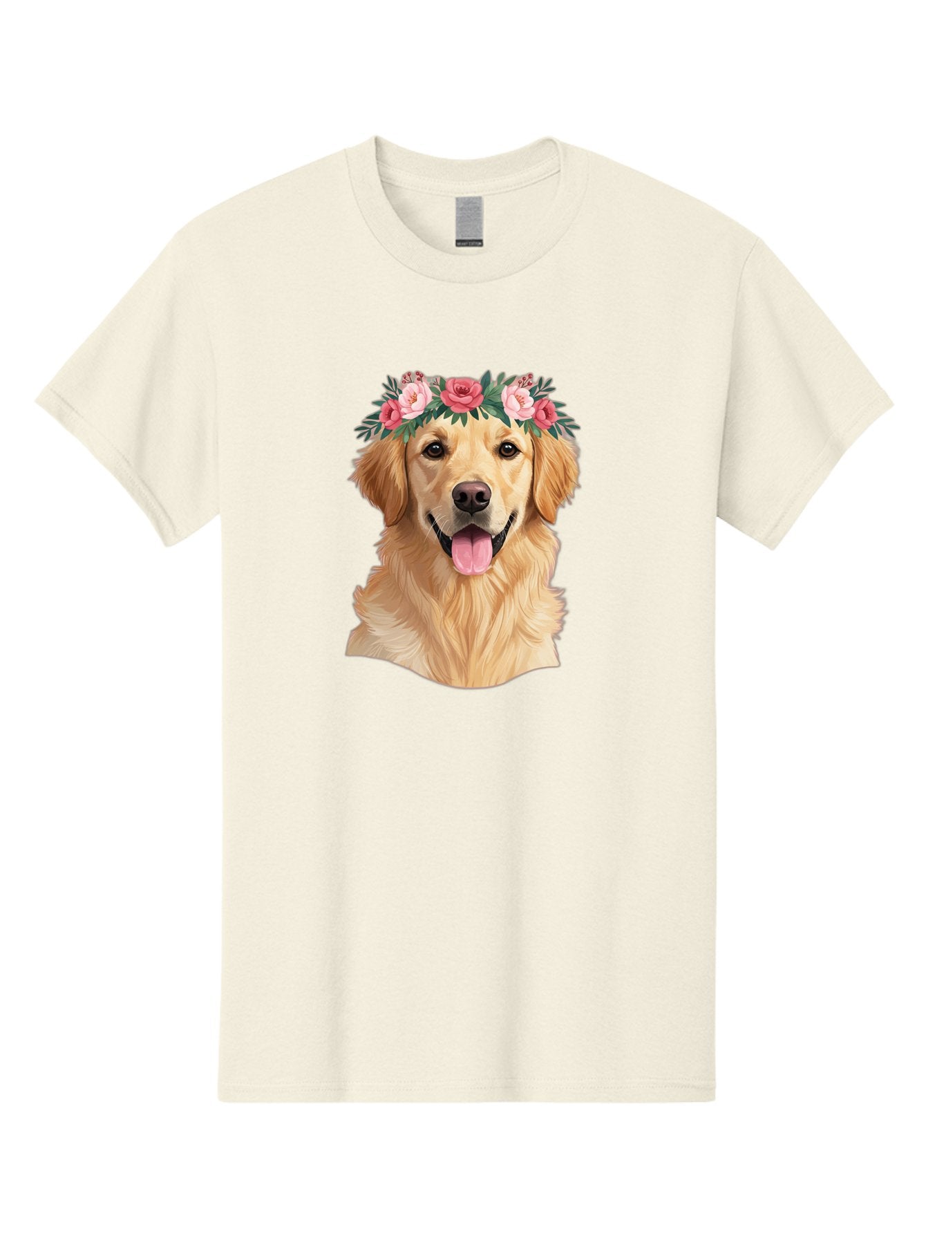 Golden-Retriever-With-Flowers Men'S Graphic Tee, 100% Cotton, Comfortable Casual Summer Wear, Machine Washable, Golden Retriever, Floral Crown, Pink Roses, Happy Dog, Dog Portrait, Flower Wreath, Dog Illustration, Joyful Expression, Bac001 6