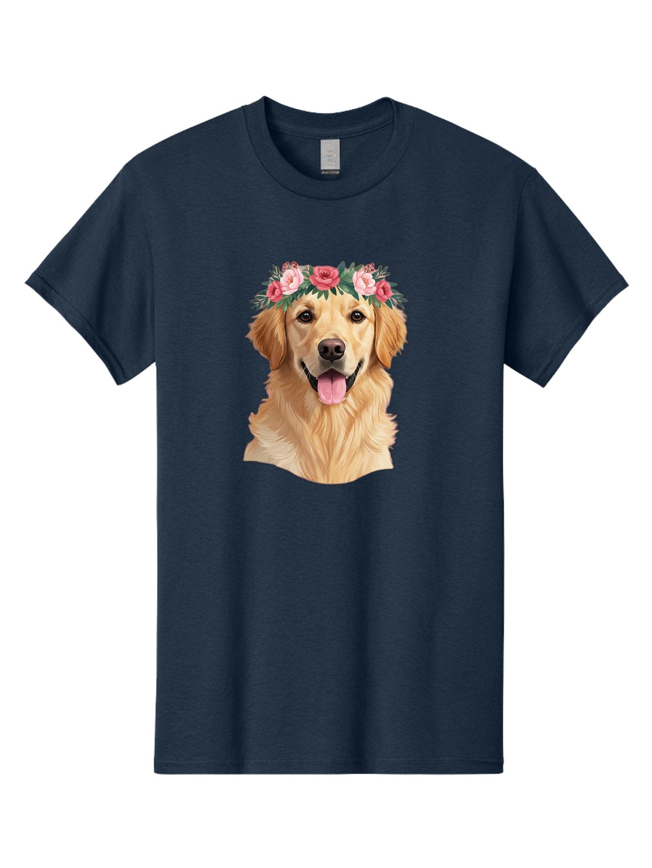 Golden-Retriever-With-Flowers Men'S Graphic Tee, 100% Cotton, Comfortable Casual Summer Wear, Machine Washable, Golden Retriever, Floral Crown, Pink Roses, Happy Dog, Dog Portrait, Flower Wreath, Dog Illustration, Joyful Expression, Bac001 13