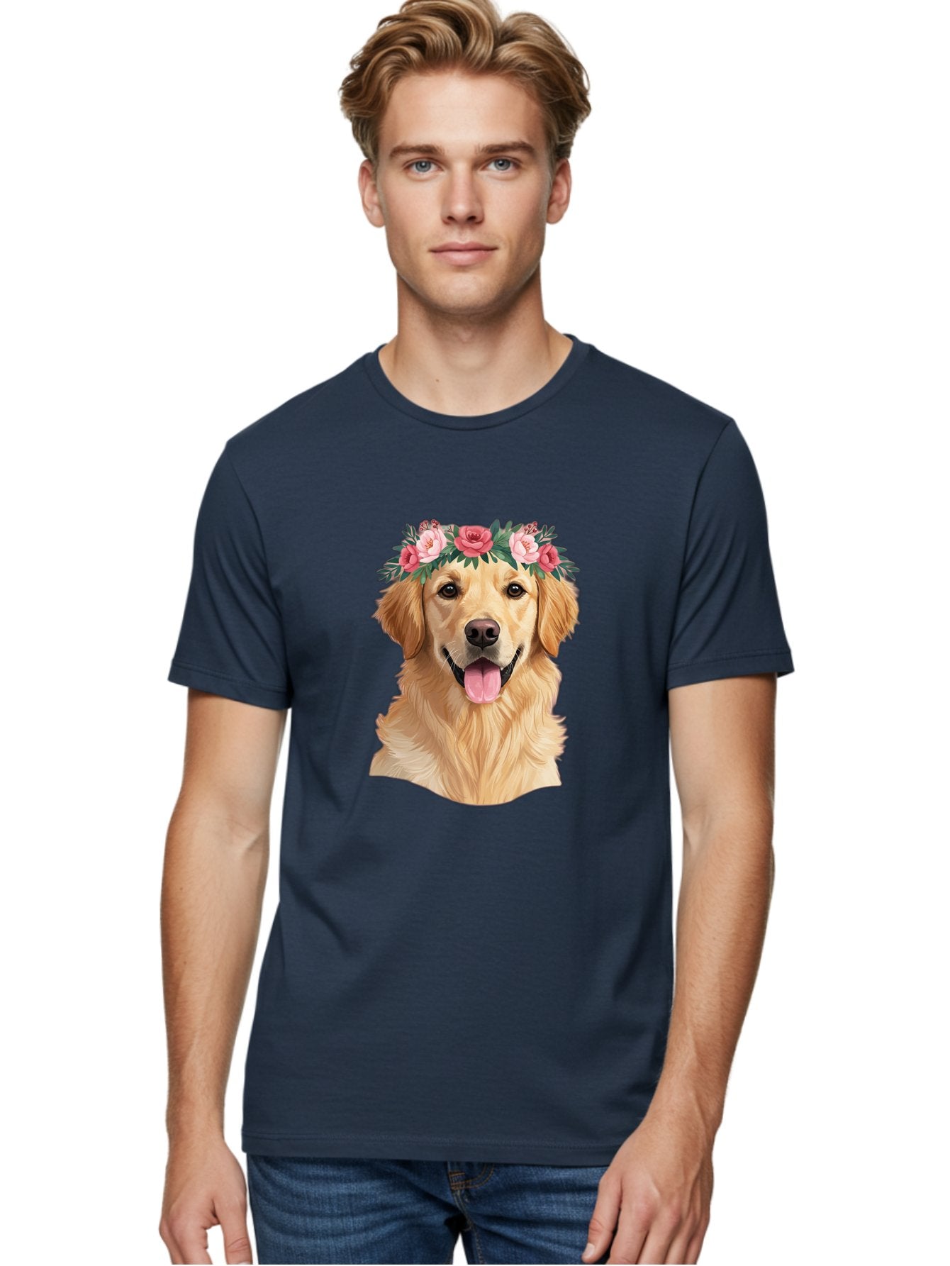 Golden-Retriever-With-Flowers Men'S Graphic Tee, 100% Cotton, Comfortable Casual Summer Wear, Machine Washable, Golden Retriever, Floral Crown, Pink Roses, Happy Dog, Dog Portrait, Flower Wreath, Dog Illustration, Joyful Expression, Bac001 20