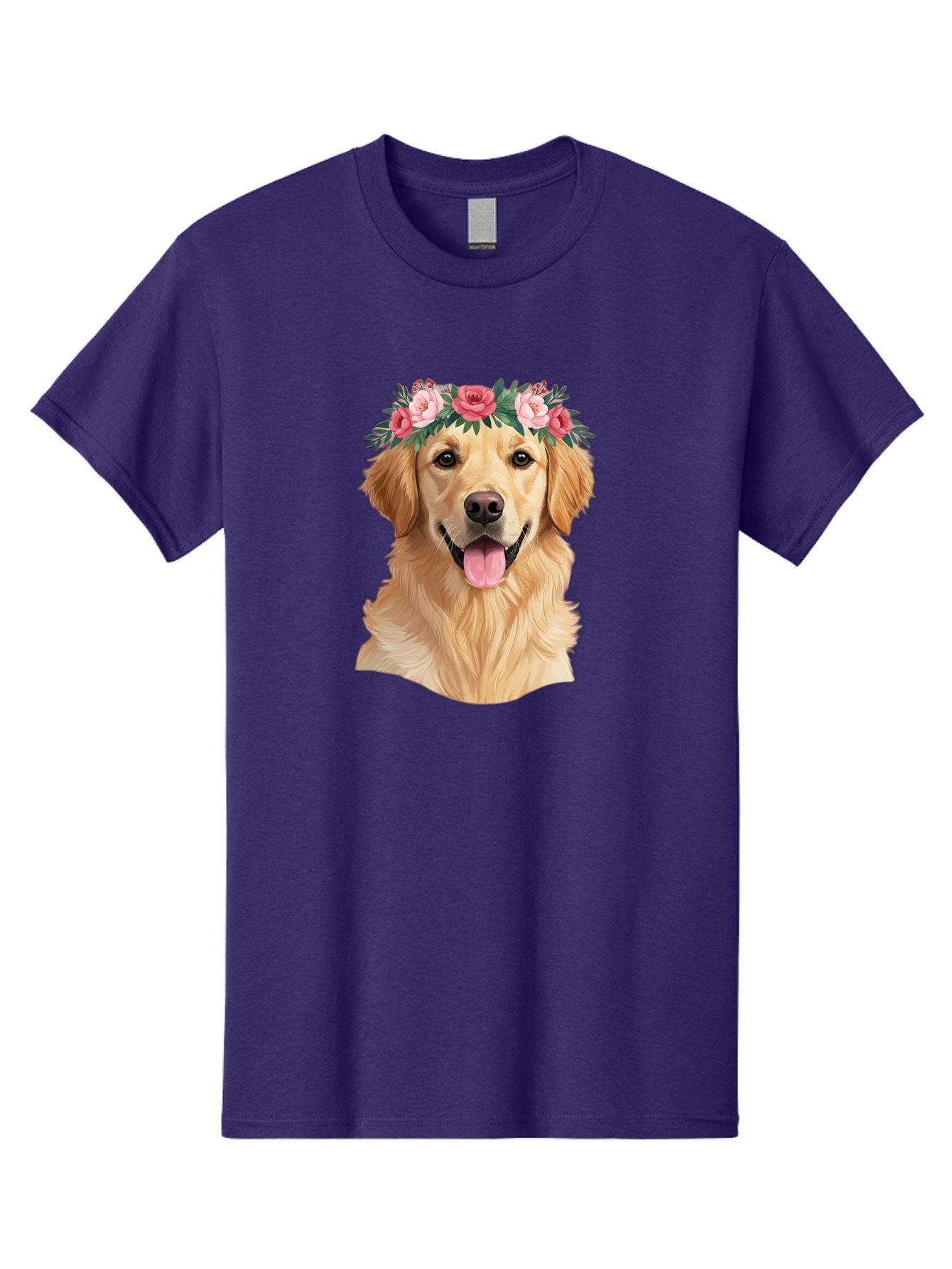 Golden-Retriever-With-Flowers Men'S Graphic Tee, 100% Cotton, Comfortable Casual Summer Wear, Machine Washable, Golden Retriever, Floral Crown, Pink Roses, Happy Dog, Dog Portrait, Flower Wreath, Dog Illustration, Joyful Expression, Bac001 12