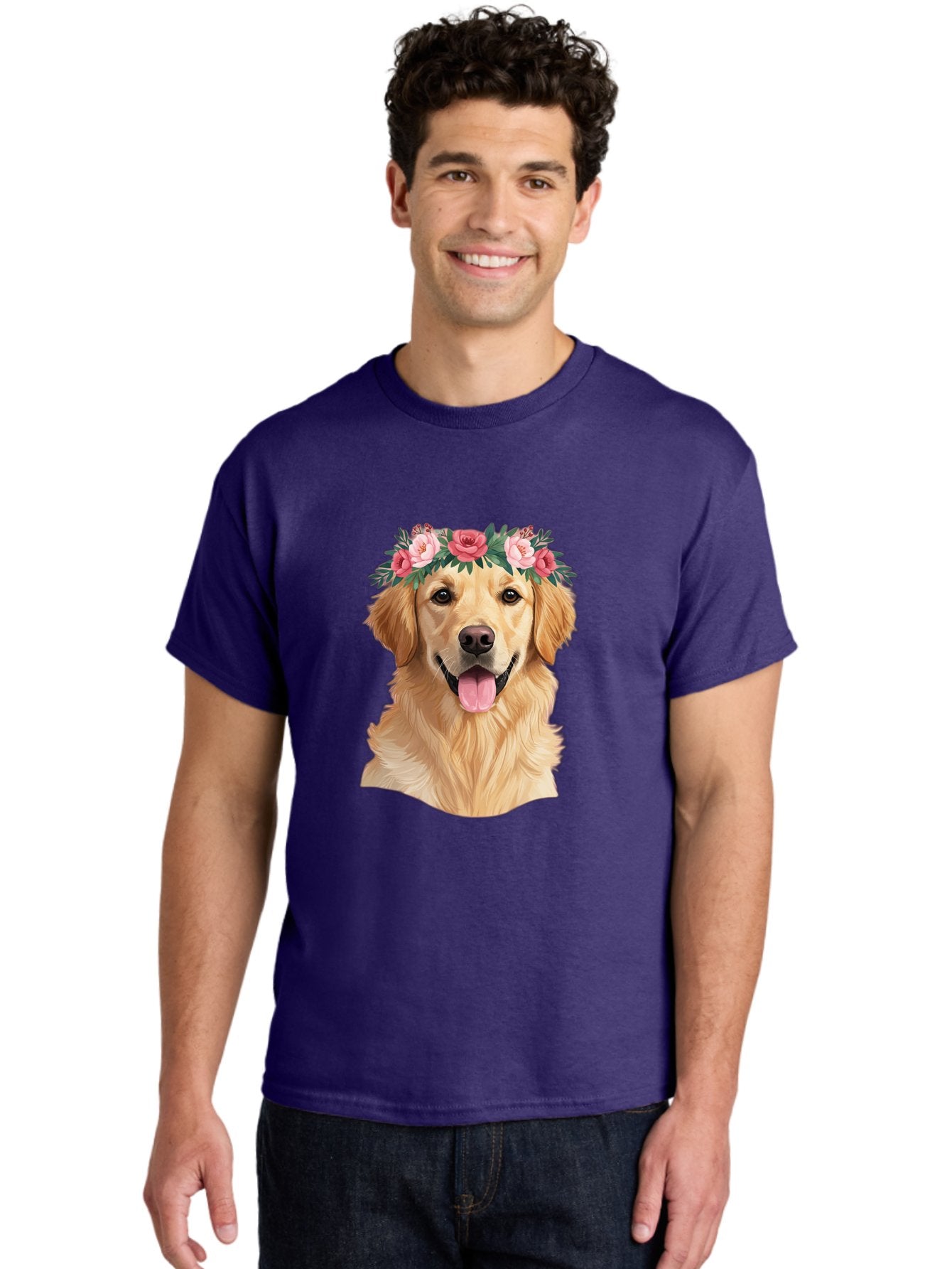 Golden-Retriever-With-Flowers Men'S Graphic Tee, 100% Cotton, Comfortable Casual Summer Wear, Machine Washable, Golden Retriever, Floral Crown, Pink Roses, Happy Dog, Dog Portrait, Flower Wreath, Dog Illustration, Joyful Expression, Bac001 28