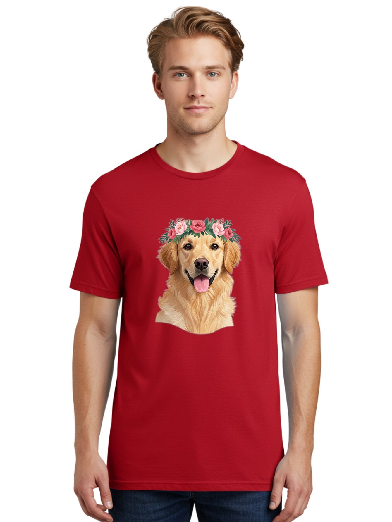 Golden-Retriever-With-Flowers Men'S Graphic Tee, 100% Cotton, Comfortable Casual Summer Wear, Machine Washable, Golden Retriever, Floral Crown, Pink Roses, Happy Dog, Dog Portrait, Flower Wreath, Dog Illustration, Joyful Expression, Bac001 22