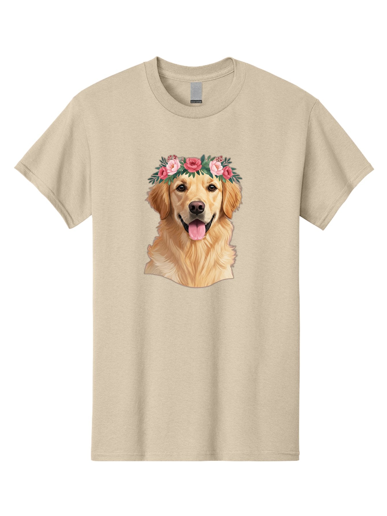 Golden-Retriever-With-Flowers Men'S Graphic Tee, 100% Cotton, Comfortable Casual Summer Wear, Machine Washable, Golden Retriever, Floral Crown, Pink Roses, Happy Dog, Dog Portrait, Flower Wreath, Dog Illustration, Joyful Expression, Bac001 9
