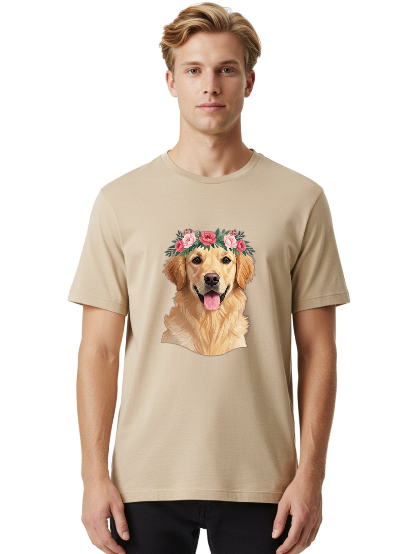 Golden-Retriever-With-Flowers Men'S Graphic Tee, 100% Cotton, Comfortable Casual Summer Wear, Machine Washable, Golden Retriever, Floral Crown, Pink Roses, Happy Dog, Dog Portrait, Flower Wreath, Dog Illustration, Joyful Expression, Bac001 26