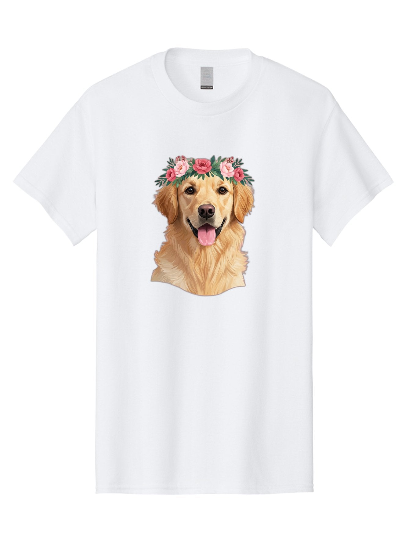 Golden-Retriever-With-Flowers Men'S Graphic Tee, 100% Cotton, Comfortable Casual Summer Wear, Machine Washable, Golden Retriever, Floral Crown, Pink Roses, Happy Dog, Dog Portrait, Flower Wreath, Dog Illustration, Joyful Expression, Bac001