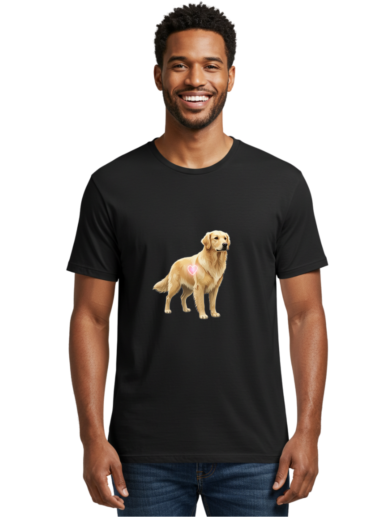 Golden-Retriever-With-Heart-1 Men'S Graphic Tee, 100% Cotton, Comfortable Casual Summer Wear, Machine Washable, Golden Retriever Dog, Heart On Dog, Cute Canine, Lovely Pet, Dog Love, Heart Symbol, Pet Friendly, Dog Graphic Bac002 18