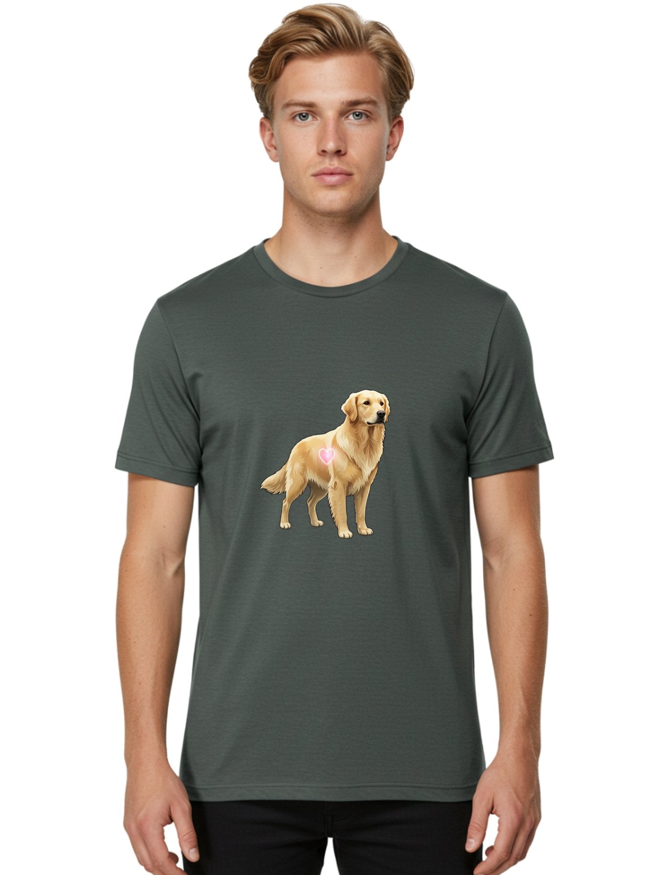 Golden-Retriever-With-Heart-1 Men'S Graphic Tee, 100% Cotton, Comfortable Casual Summer Wear, Machine Washable, Golden Retriever Dog, Heart On Dog, Cute Canine, Lovely Pet, Dog Love, Heart Symbol, Pet Friendly, Dog Graphic Bac002 27