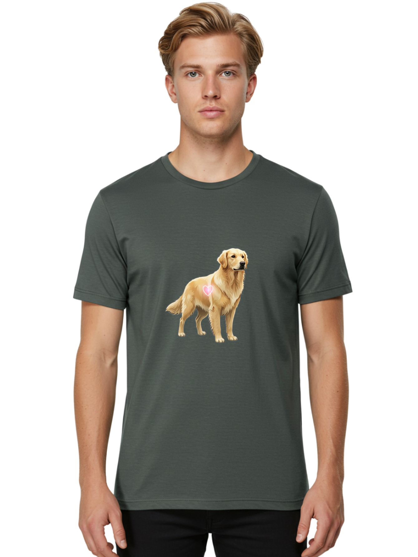 Golden-Retriever-With-Heart-1 Men'S Graphic Tee, 100% Cotton, Comfortable Casual Summer Wear, Machine Washable, Golden Retriever Dog, Heart On Dog, Cute Canine, Lovely Pet, Dog Love, Heart Symbol, Pet Friendly, Dog Graphic Bac002 19
