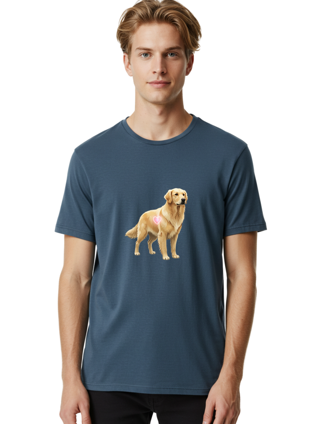 Golden-Retriever-With-Heart-1 Men'S Graphic Tee, 100% Cotton, Comfortable Casual Summer Wear, Machine Washable, Golden Retriever Dog, Heart On Dog, Cute Canine, Lovely Pet, Dog Love, Heart Symbol, Pet Friendly, Dog Graphic Bac002 23