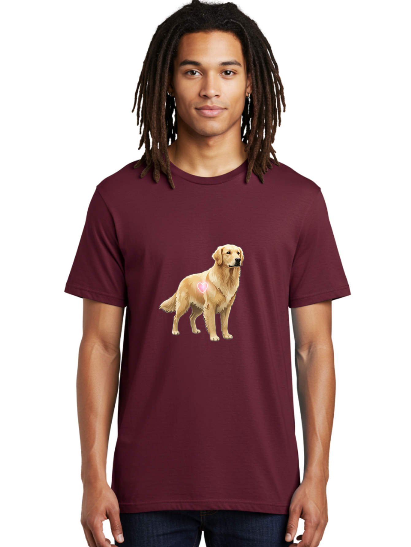 Golden-Retriever-With-Heart-1 Men'S Graphic Tee, 100% Cotton, Comfortable Casual Summer Wear, Machine Washable, Golden Retriever Dog, Heart On Dog, Cute Canine, Lovely Pet, Dog Love, Heart Symbol, Pet Friendly, Dog Graphic Bac002 22