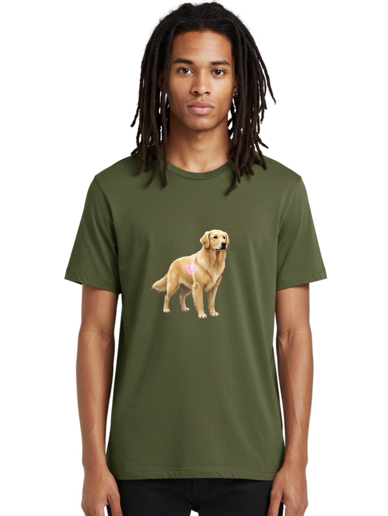 Golden-Retriever-With-Heart-1 Men'S Graphic Tee, 100% Cotton, Comfortable Casual Summer Wear, Machine Washable, Golden Retriever Dog, Heart On Dog, Cute Canine, Lovely Pet, Dog Love, Heart Symbol, Pet Friendly, Dog Graphic Bac002 27