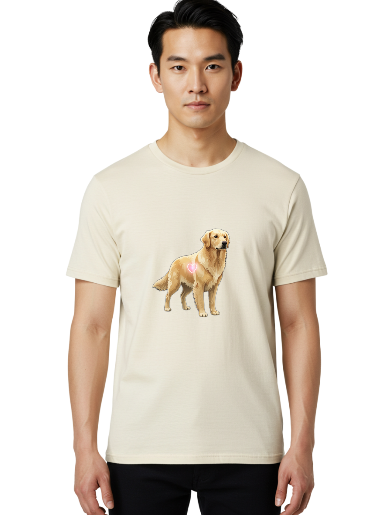 Golden-Retriever-With-Heart-1 Men'S Graphic Tee, 100% Cotton, Comfortable Casual Summer Wear, Machine Washable, Golden Retriever Dog, Heart On Dog, Cute Canine, Lovely Pet, Dog Love, Heart Symbol, Pet Friendly, Dog Graphic Bac002 26