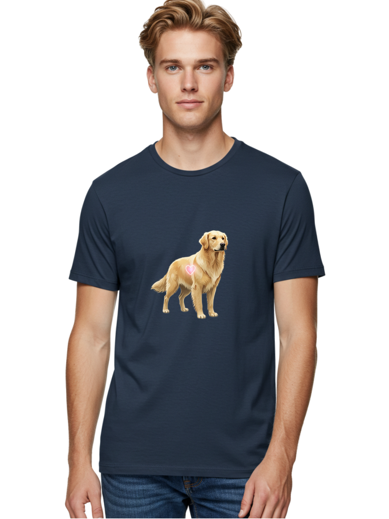 Golden-Retriever-With-Heart-1 Men'S Graphic Tee, 100% Cotton, Comfortable Casual Summer Wear, Machine Washable, Golden Retriever Dog, Heart On Dog, Cute Canine, Lovely Pet, Dog Love, Heart Symbol, Pet Friendly, Dog Graphic Bac002 17