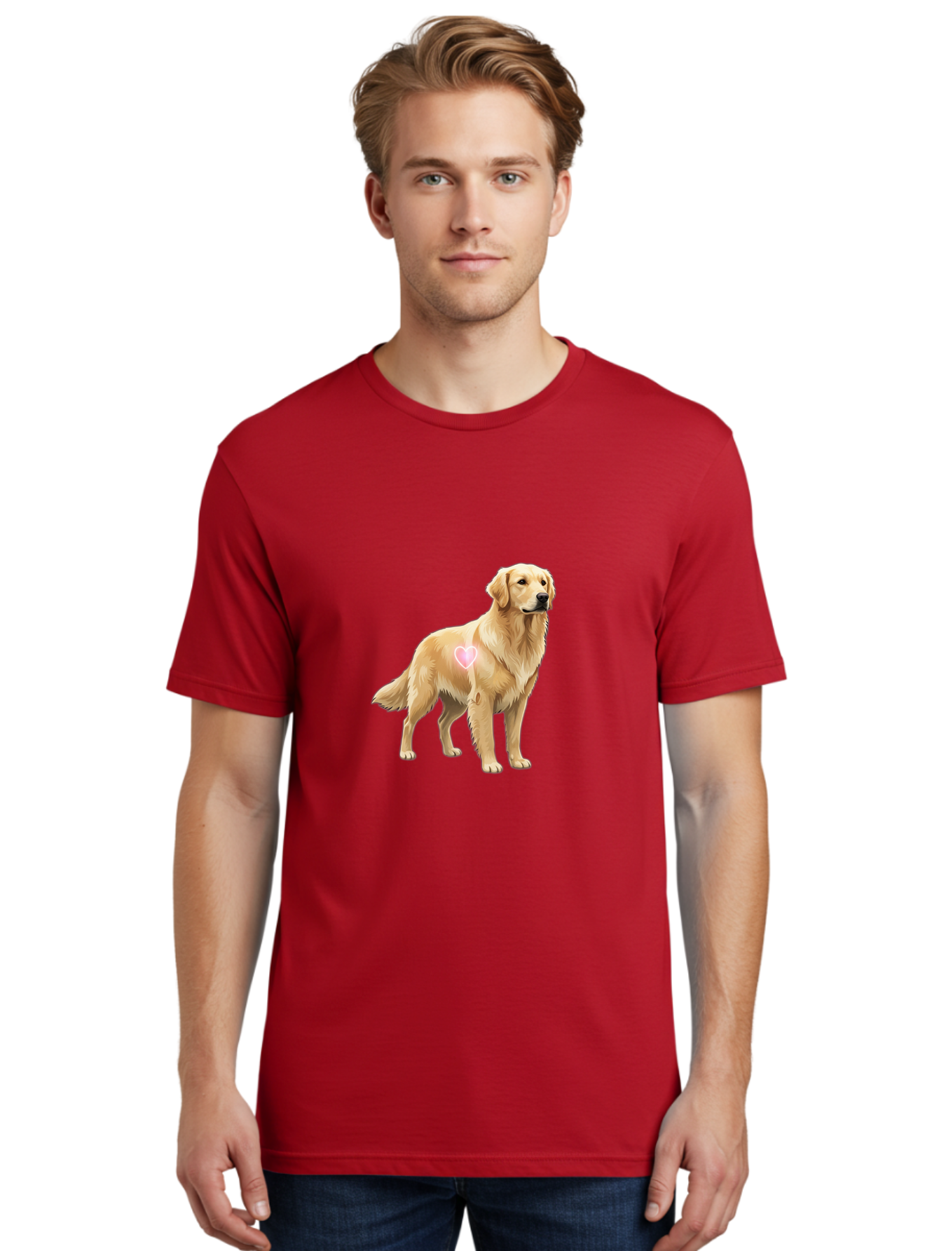 Golden-Retriever-With-Heart-1 Men'S Graphic Tee, 100% Cotton, Comfortable Casual Summer Wear, Machine Washable, Golden Retriever Dog, Heart On Dog, Cute Canine, Lovely Pet, Dog Love, Heart Symbol, Pet Friendly, Dog Graphic Bac002 25