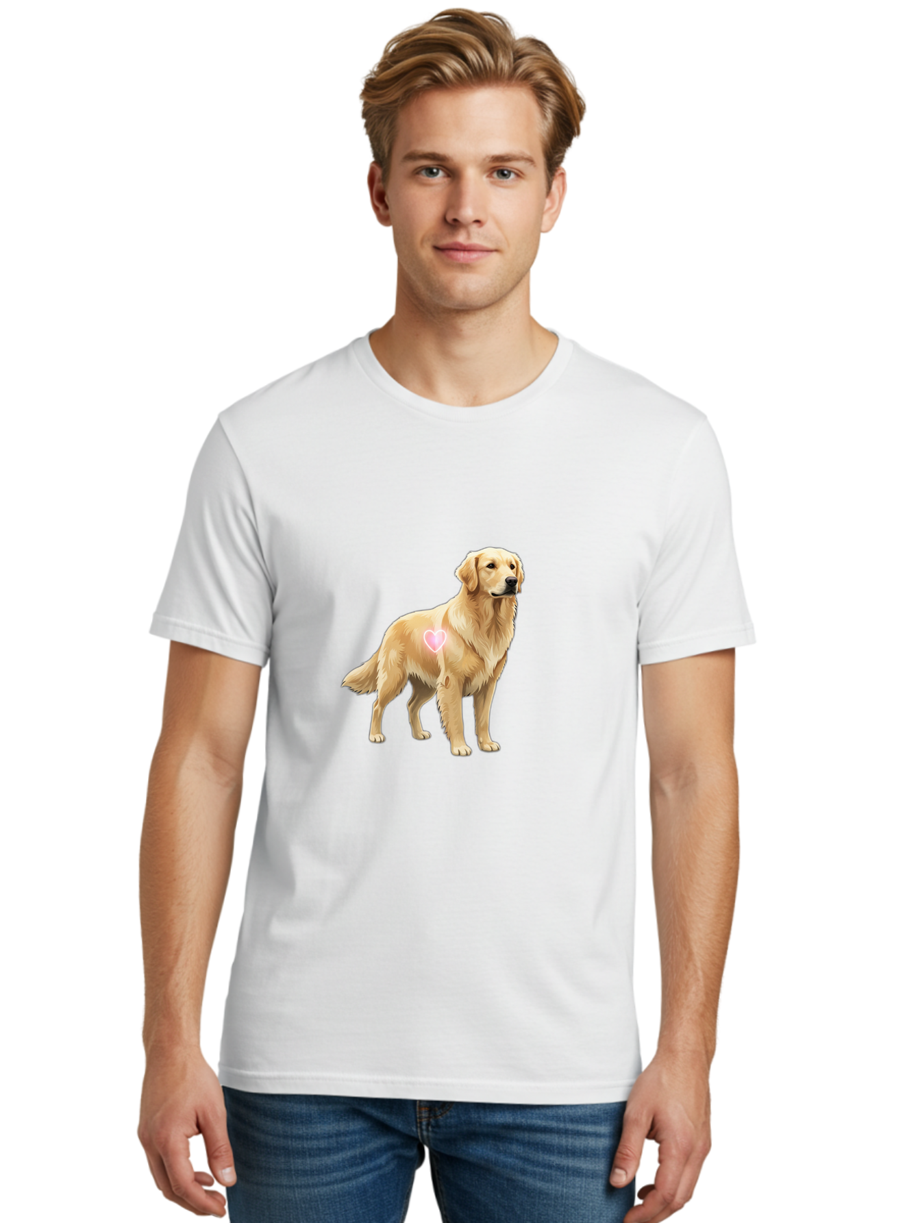 Golden-Retriever-With-Heart-1 Men'S Graphic Tee, 100% Cotton, Comfortable Casual Summer Wear, Machine Washable, Golden Retriever Dog, Heart On Dog, Cute Canine, Lovely Pet, Dog Love, Heart Symbol, Pet Friendly, Dog Graphic Bac002 21