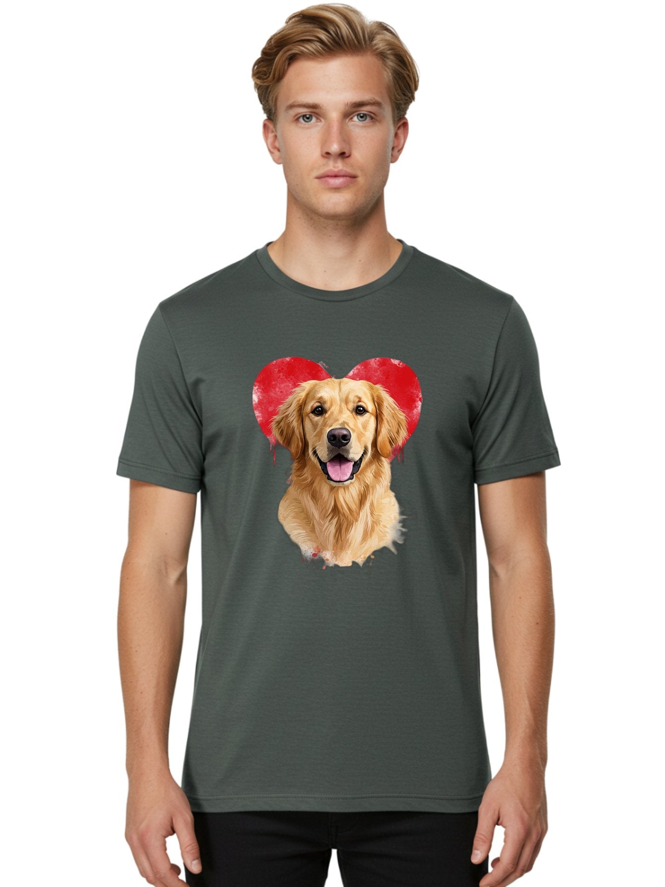 Golden-Retriever-With-Heart Men'S Graphic Tee, 100% Cotton, Comfortable Casual Summer Wear, Machine Washable, Golden Retriever, Dog Love, Red Heart, Dripping Paint, Cute Canine, Furry Friend, Heartwarming Moment, Loyal Companion, Happy Dog, Bac003 26