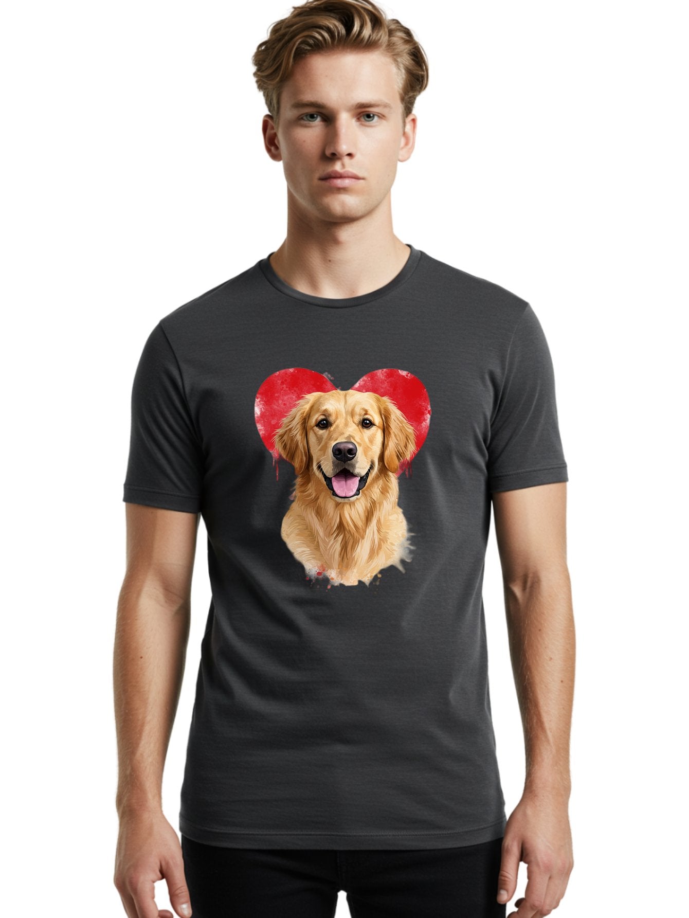 Golden-Retriever-With-Heart Men'S Graphic Tee, 100% Cotton, Comfortable Casual Summer Wear, Machine Washable, Golden Retriever, Dog Love, Red Heart, Dripping Paint, Cute Canine, Furry Friend, Heartwarming Moment, Loyal Companion, Happy Dog, Bac003 23