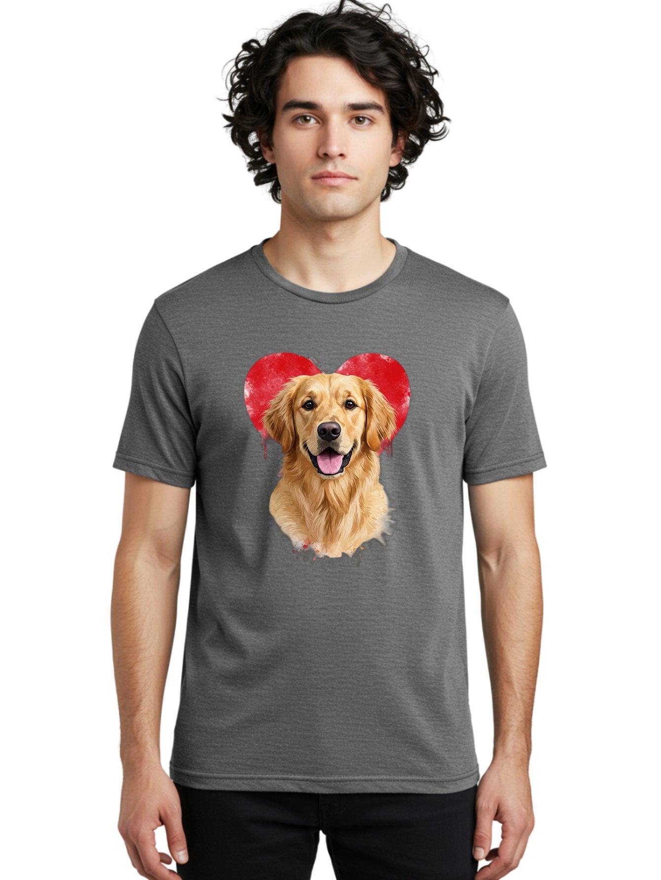 Golden-Retriever-With-Heart Men'S Graphic Tee, 100% Cotton, Comfortable Casual Summer Wear, Machine Washable, Golden Retriever, Dog Love, Red Heart, Dripping Paint, Cute Canine, Furry Friend, Heartwarming Moment, Loyal Companion, Happy Dog, Bac003 25
