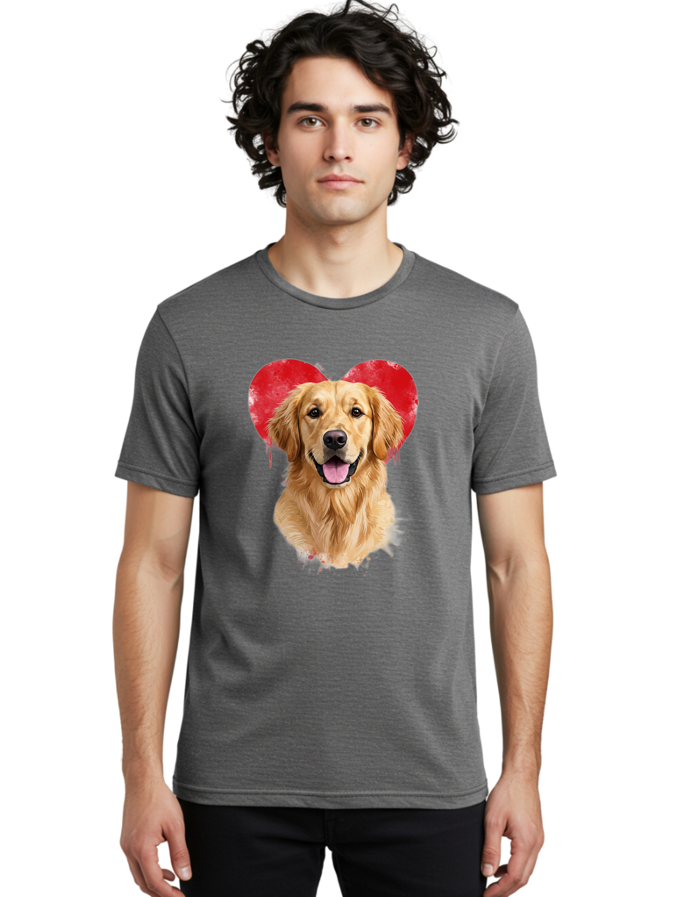 Golden-Retriever-With-Heart Men'S Graphic Tee, 100% Cotton, Comfortable Casual Summer Wear, Machine Washable, Golden Retriever, Dog Love, Red Heart, Dripping Paint, Cute Canine, Furry Friend, Heartwarming Moment, Loyal Companion, Happy Dog, Bac003 21