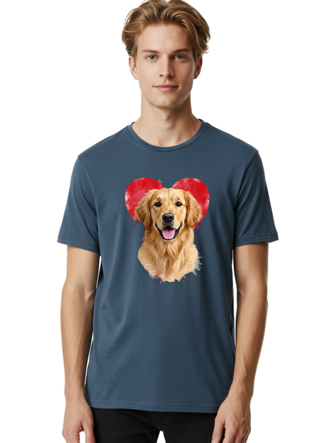Golden-Retriever-With-Heart Men'S Graphic Tee, 100% Cotton, Comfortable Casual Summer Wear, Machine Washable, Golden Retriever, Dog Love, Red Heart, Dripping Paint, Cute Canine, Furry Friend, Heartwarming Moment, Loyal Companion, Happy Dog, Bac003 22