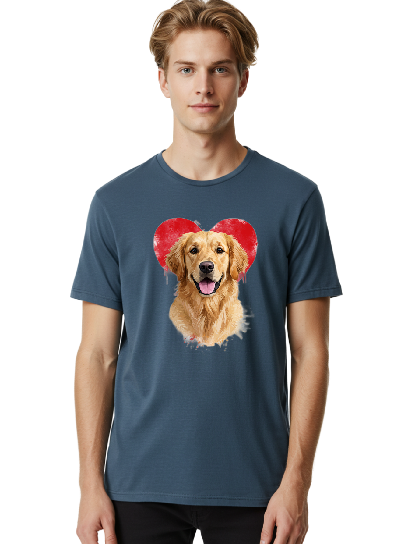 Golden-Retriever-With-Heart Men'S Graphic Tee, 100% Cotton, Comfortable Casual Summer Wear, Machine Washable, Golden Retriever, Dog Love, Red Heart, Dripping Paint, Cute Canine, Furry Friend, Heartwarming Moment, Loyal Companion, Happy Dog, Bac003 24