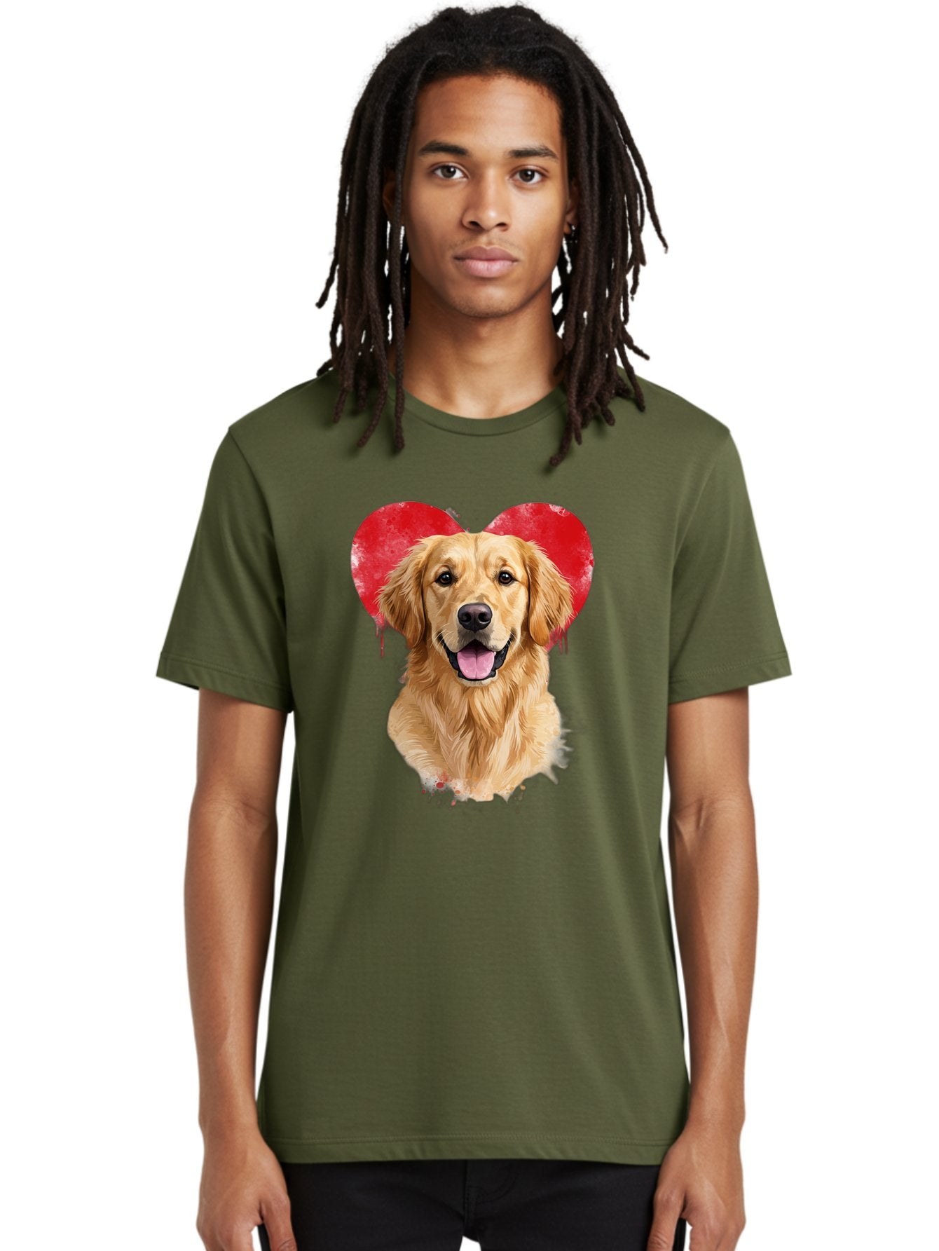 Golden-Retriever-With-Heart Men'S Graphic Tee, 100% Cotton, Comfortable Casual Summer Wear, Machine Washable, Golden Retriever, Dog Love, Red Heart, Dripping Paint, Cute Canine, Furry Friend, Heartwarming Moment, Loyal Companion, Happy Dog, Bac003 17