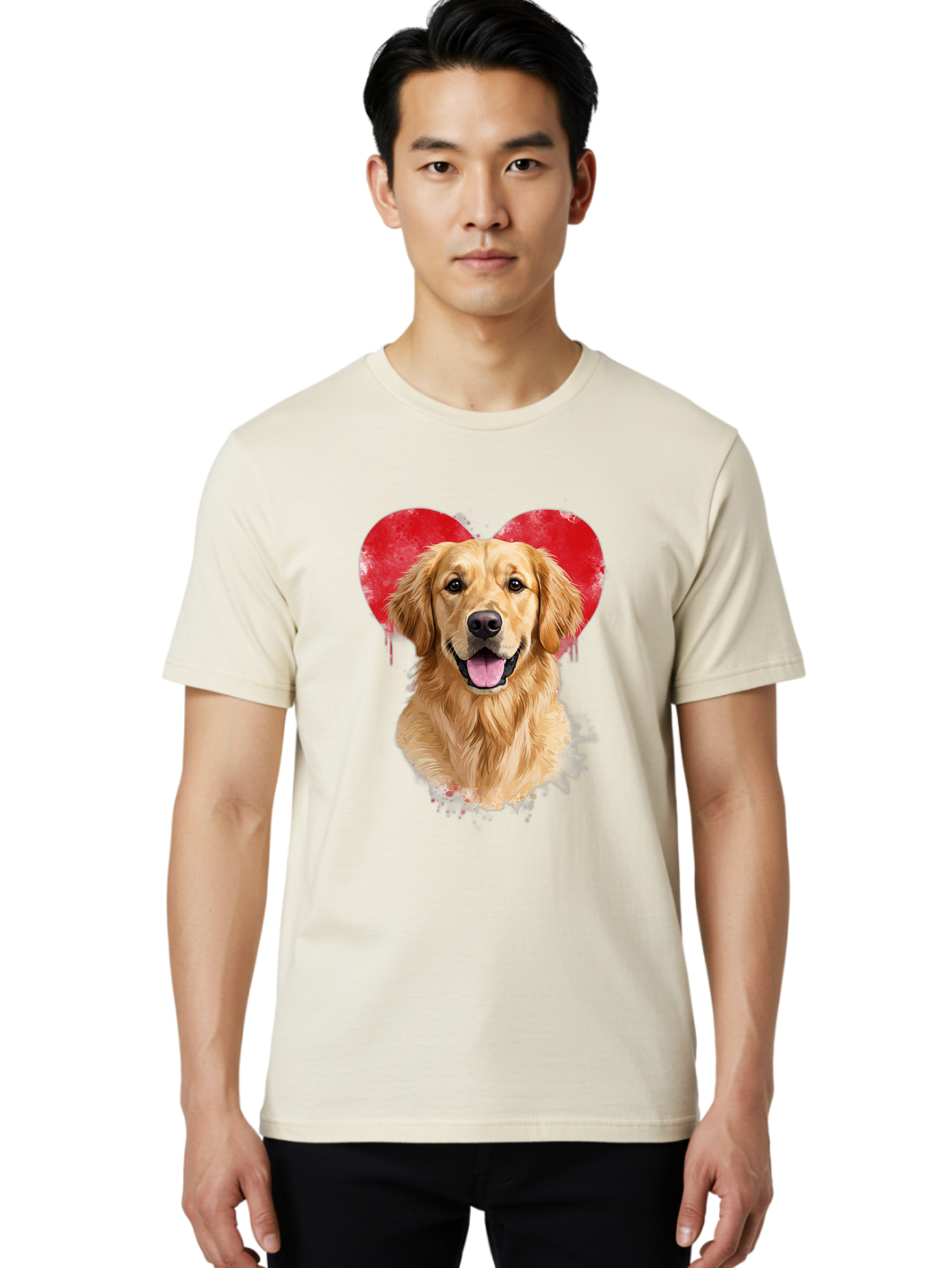 Golden-Retriever-With-Heart Men'S Graphic Tee, 100% Cotton, Comfortable Casual Summer Wear, Machine Washable, Golden Retriever, Dog Love, Red Heart, Dripping Paint, Cute Canine, Furry Friend, Heartwarming Moment, Loyal Companion, Happy Dog, Bac003 17