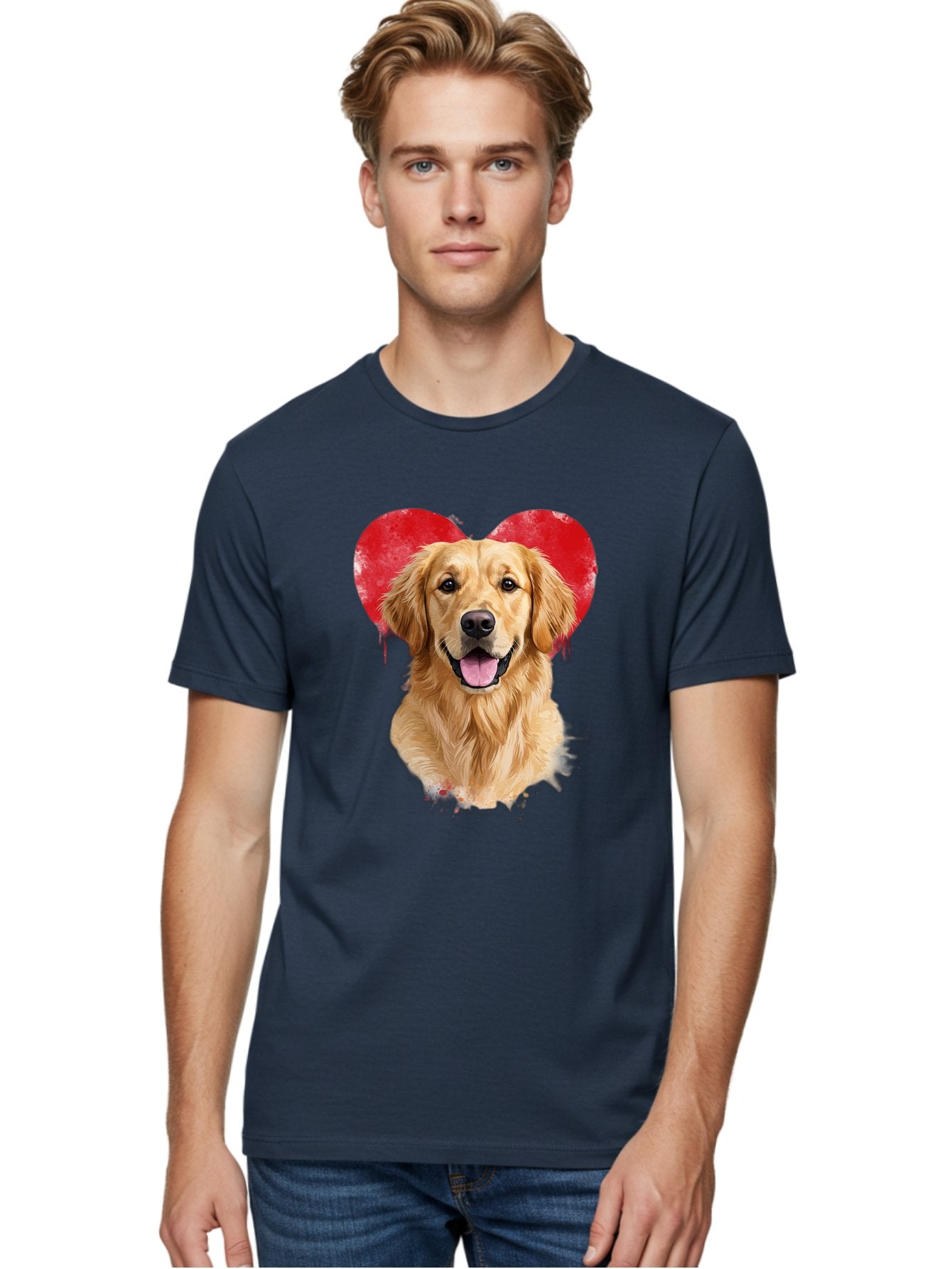 Golden-Retriever-With-Heart Men'S Graphic Tee, 100% Cotton, Comfortable Casual Summer Wear, Machine Washable, Golden Retriever, Dog Love, Red Heart, Dripping Paint, Cute Canine, Furry Friend, Heartwarming Moment, Loyal Companion, Happy Dog, Bac003 27