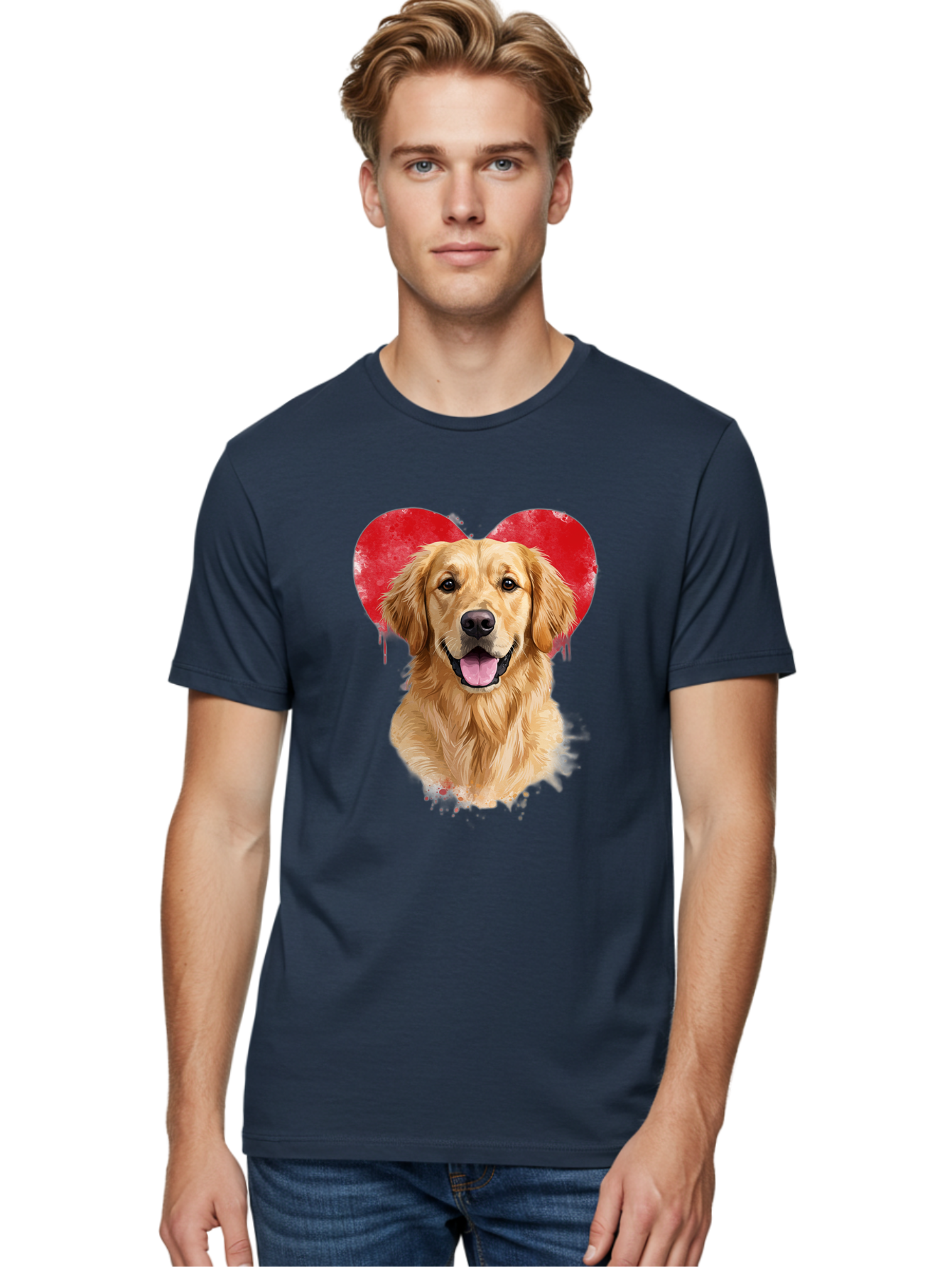 Golden-Retriever-With-Heart Men'S Graphic Tee, 100% Cotton, Comfortable Casual Summer Wear, Machine Washable, Golden Retriever, Dog Love, Red Heart, Dripping Paint, Cute Canine, Furry Friend, Heartwarming Moment, Loyal Companion, Happy Dog, Bac003 19
