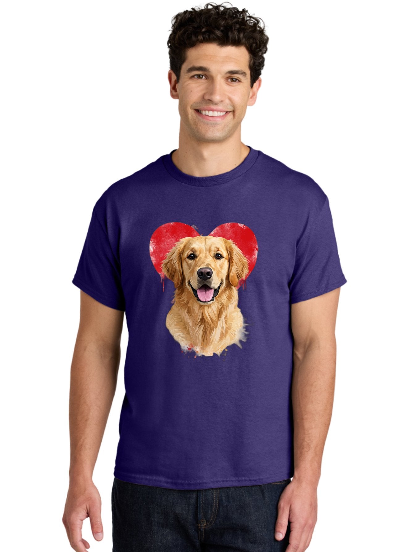 Golden-Retriever-With-Heart Men'S Graphic Tee, 100% Cotton, Comfortable Casual Summer Wear, Machine Washable, Golden Retriever, Dog Love, Red Heart, Dripping Paint, Cute Canine, Furry Friend, Heartwarming Moment, Loyal Companion, Happy Dog, Bac003 19