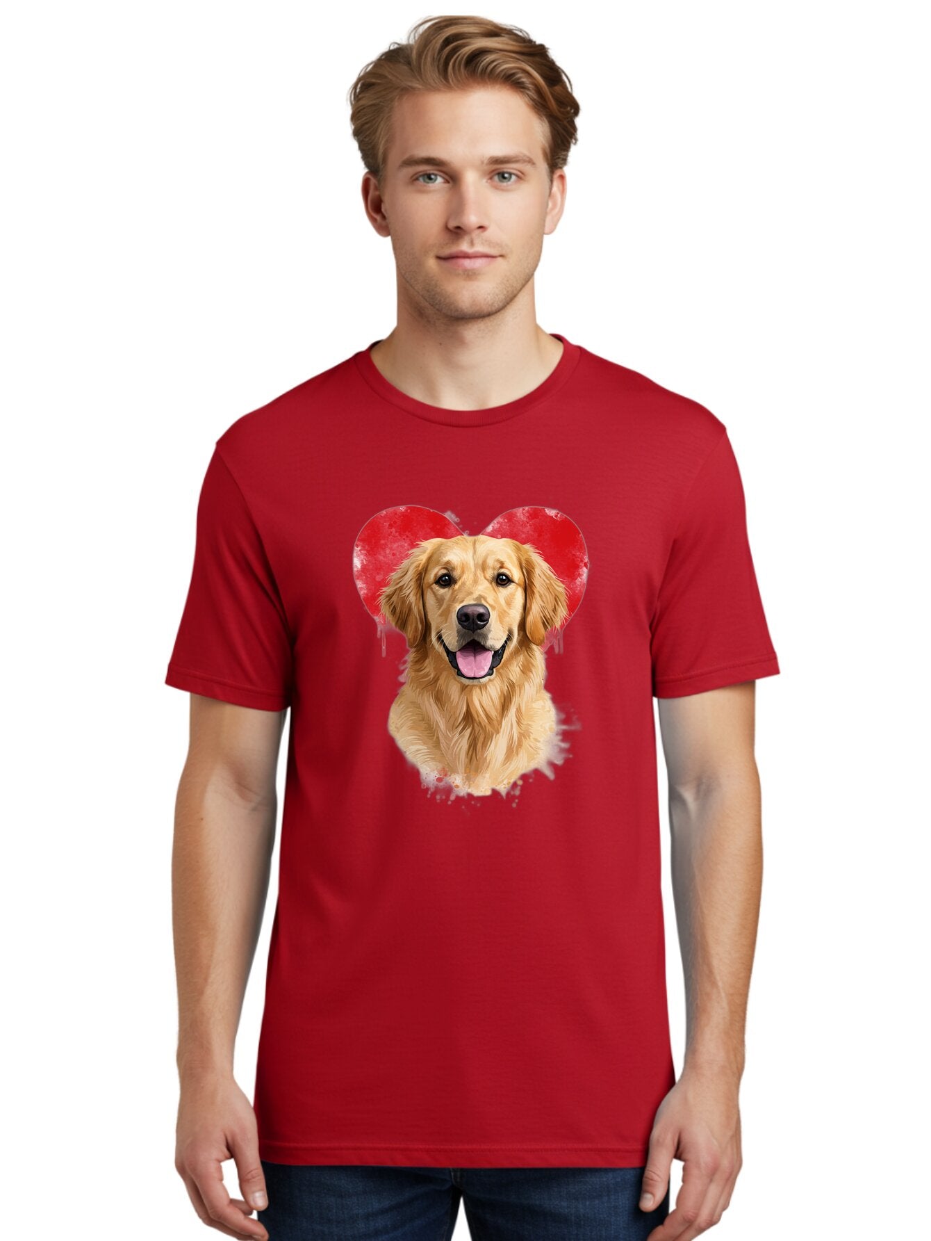 Golden-Retriever-With-Heart Men'S Graphic Tee, 100% Cotton, Comfortable Casual Summer Wear, Machine Washable, Golden Retriever, Dog Love, Red Heart, Dripping Paint, Cute Canine, Furry Friend, Heartwarming Moment, Loyal Companion, Happy Dog, Bac003 20