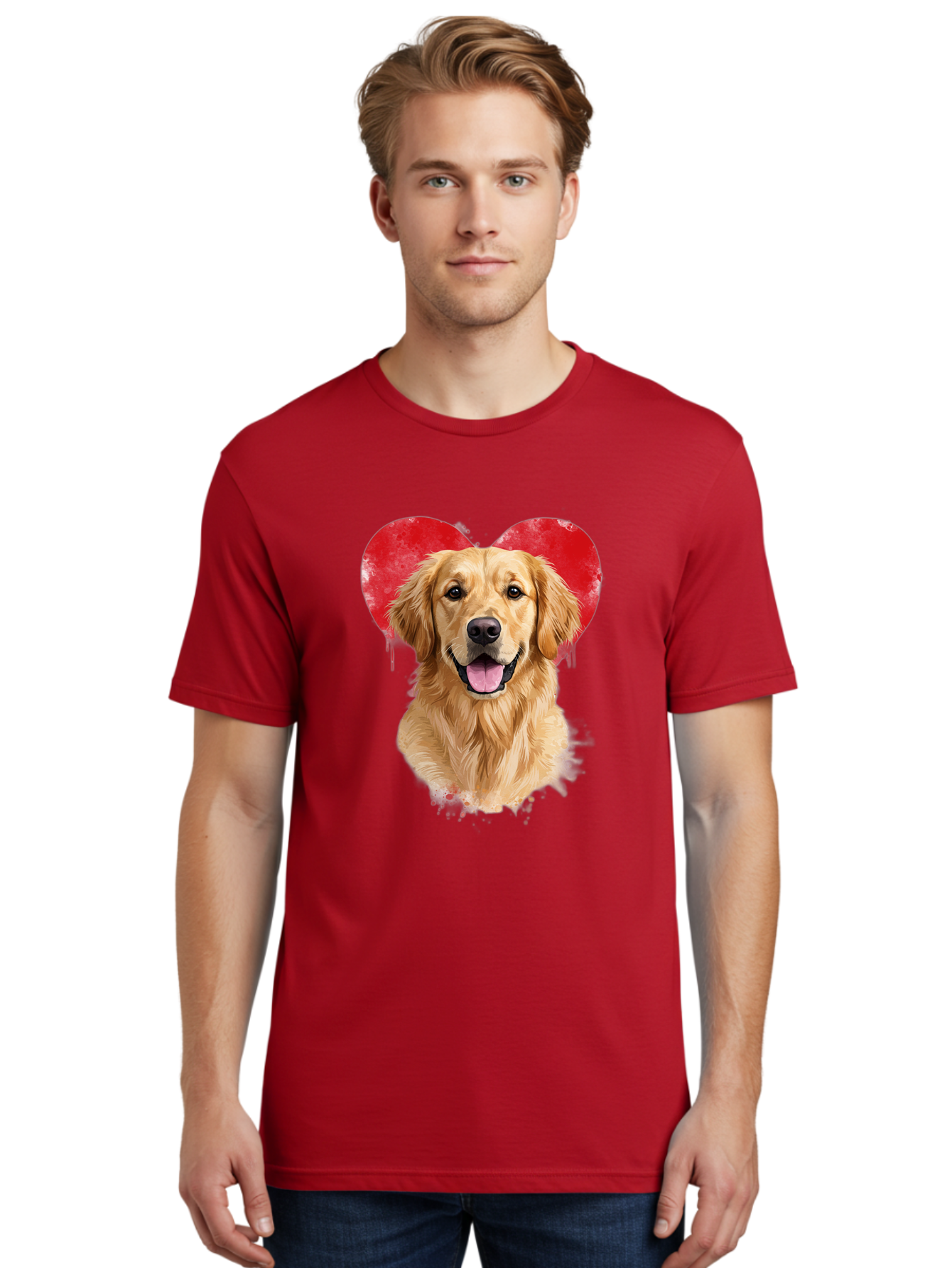 Golden-Retriever-With-Heart Men'S Graphic Tee, 100% Cotton, Comfortable Casual Summer Wear, Machine Washable, Golden Retriever, Dog Love, Red Heart, Dripping Paint, Cute Canine, Furry Friend, Heartwarming Moment, Loyal Companion, Happy Dog, Bac003 30