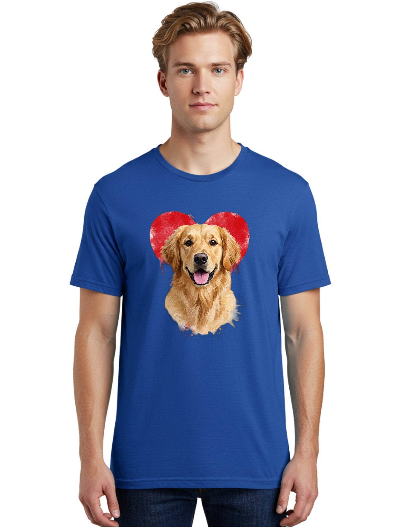 Golden-Retriever-With-Heart Men'S Graphic Tee, 100% Cotton, Comfortable Casual Summer Wear, Machine Washable, Golden Retriever, Dog Love, Red Heart, Dripping Paint, Cute Canine, Furry Friend, Heartwarming Moment, Loyal Companion, Happy Dog, Bac003 24