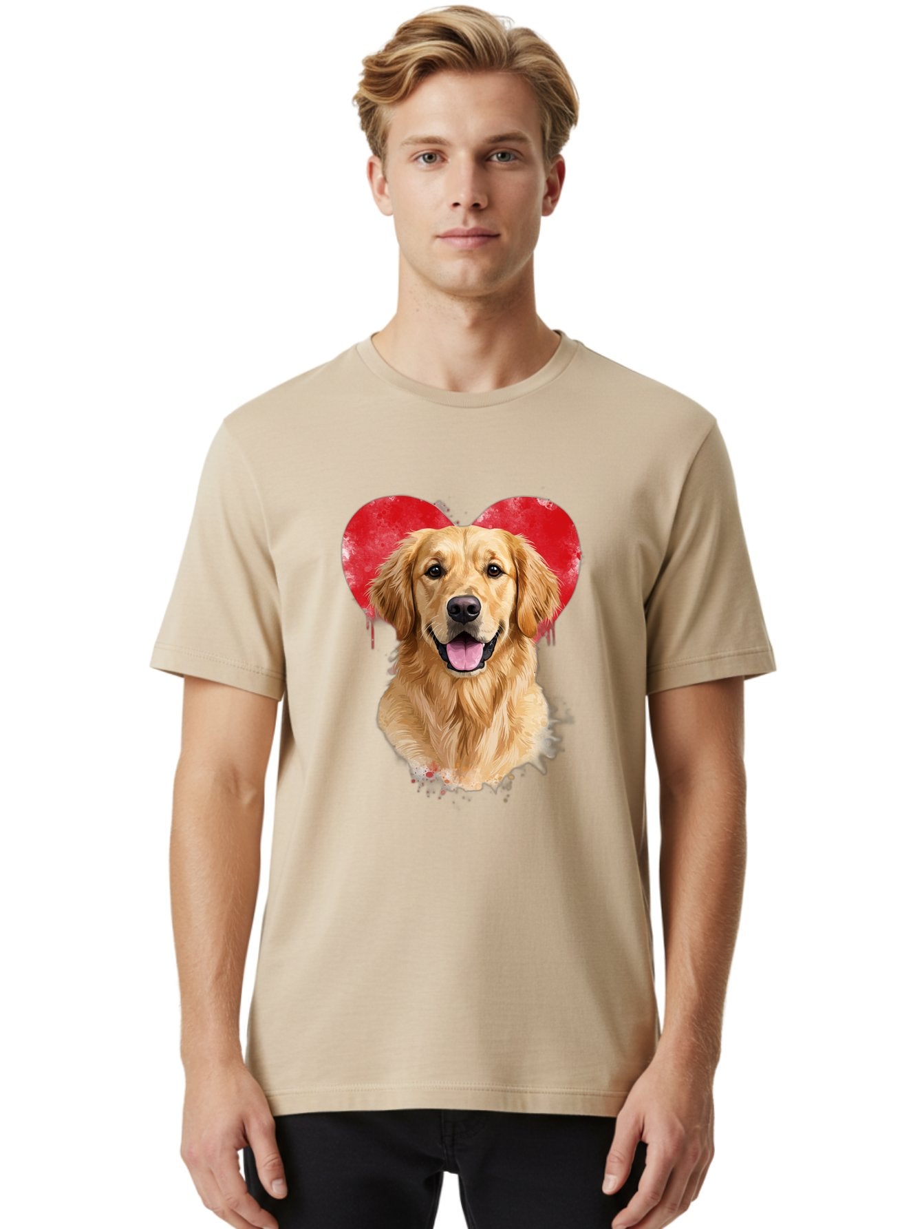 Golden-Retriever-With-Heart Men'S Graphic Tee, 100% Cotton, Comfortable Casual Summer Wear, Machine Washable, Golden Retriever, Dog Love, Red Heart, Dripping Paint, Cute Canine, Furry Friend, Heartwarming Moment, Loyal Companion, Happy Dog, Bac003 18