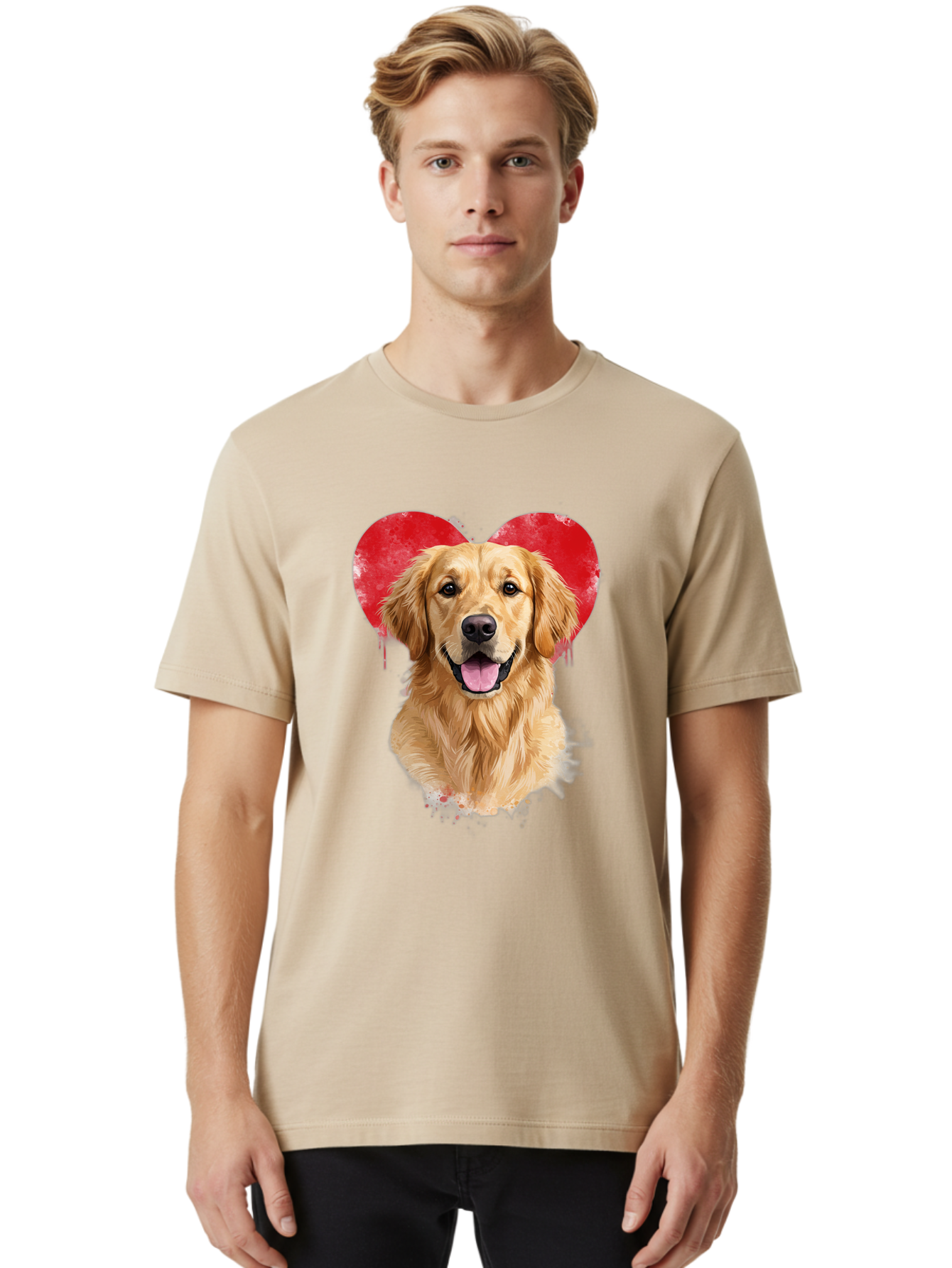 Golden-Retriever-With-Heart Men'S Graphic Tee, 100% Cotton, Comfortable Casual Summer Wear, Machine Washable, Golden Retriever, Dog Love, Red Heart, Dripping Paint, Cute Canine, Furry Friend, Heartwarming Moment, Loyal Companion, Happy Dog, Bac003 27