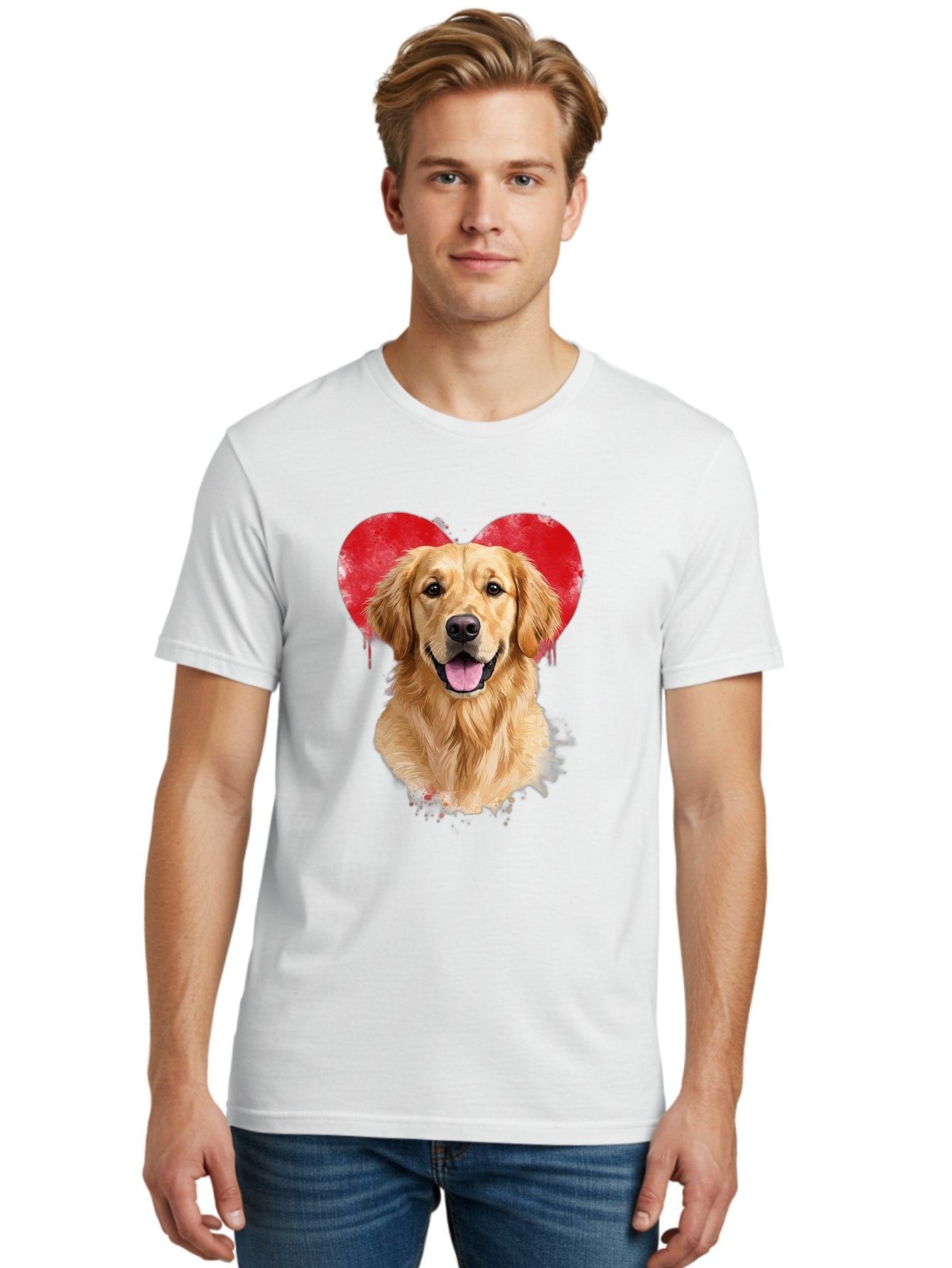 Golden-Retriever-With-Heart Men'S Graphic Tee, 100% Cotton, Comfortable Casual Summer Wear, Machine Washable, Golden Retriever, Dog Love, Red Heart, Dripping Paint, Cute Canine, Furry Friend, Heartwarming Moment, Loyal Companion, Happy Dog, Bac003 16