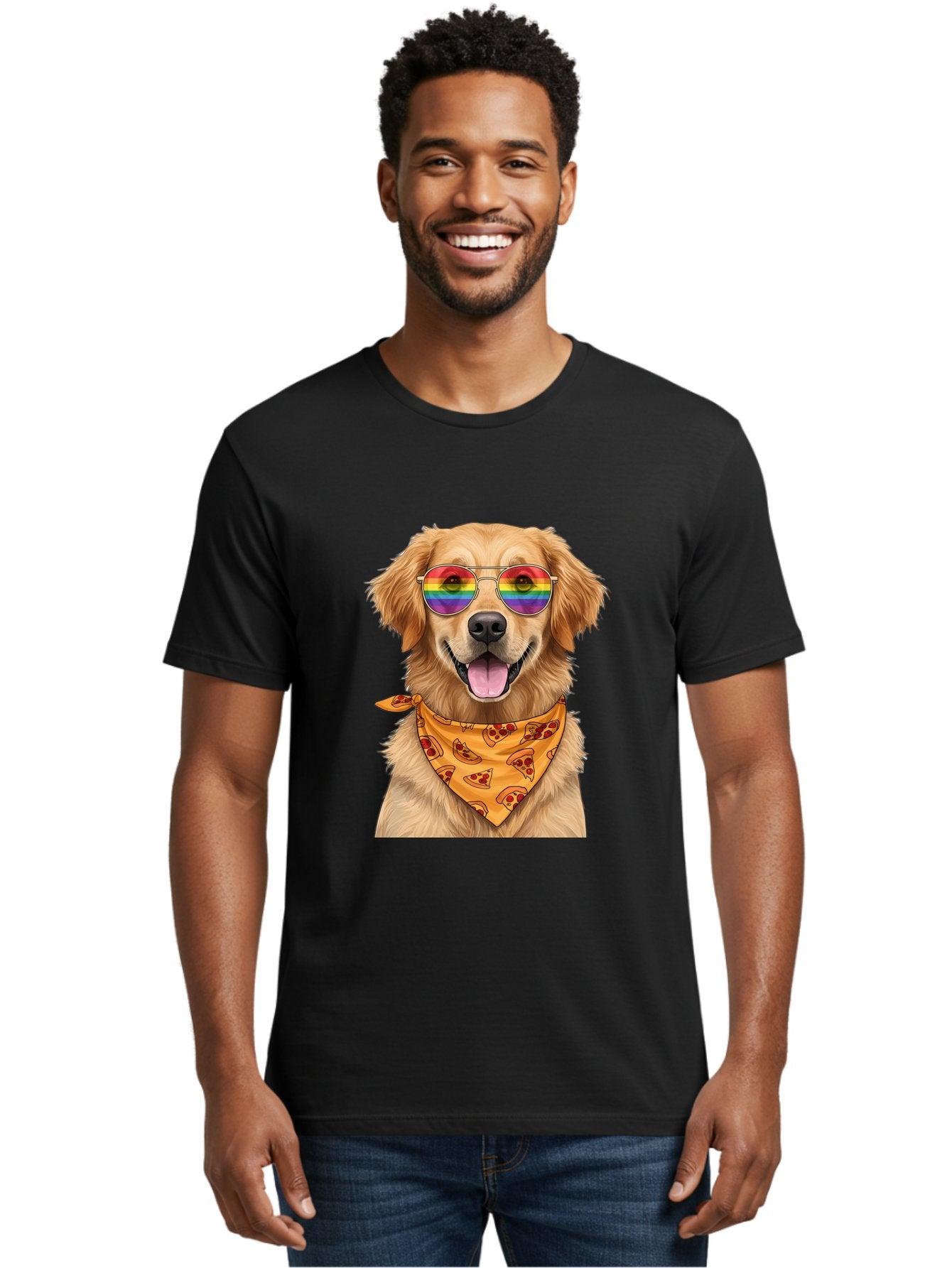 Golden-Retriever-With-Sunglasses-1 Men'S Graphic Tee, 100% Cotton, Comfortable Casual Summer Wear, Machine Washable, Funny Dog, Golden Retriever, Rainbow Sunglasses, Trendy Accessories, Pizza Bandana, Cool Canine, Playful Pet Bac004 23