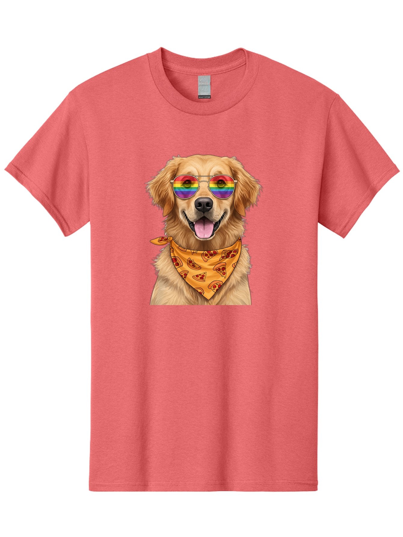 Golden-Retriever-With-Sunglasses-1 Men'S Graphic Tee, 100% Cotton, Comfortable Casual Summer Wear, Machine Washable, Funny Dog, Golden Retriever, Rainbow Sunglasses, Trendy Accessories, Pizza Bandana, Cool Canine, Playful Pet Bac004 11