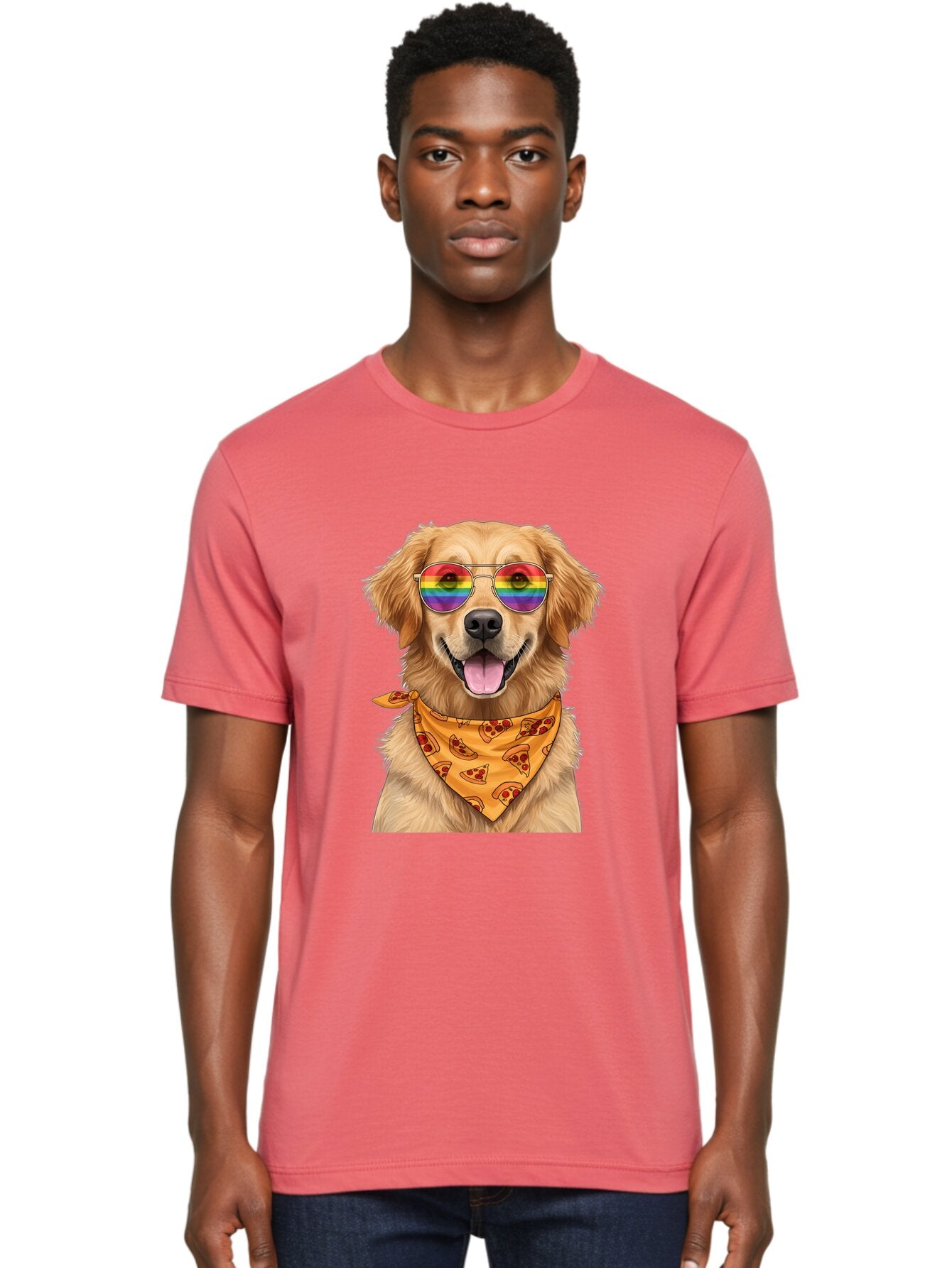 Golden-Retriever-With-Sunglasses-1 Men'S Graphic Tee, 100% Cotton, Comfortable Casual Summer Wear, Machine Washable, Funny Dog, Golden Retriever, Rainbow Sunglasses, Trendy Accessories, Pizza Bandana, Cool Canine, Playful Pet Bac004 27