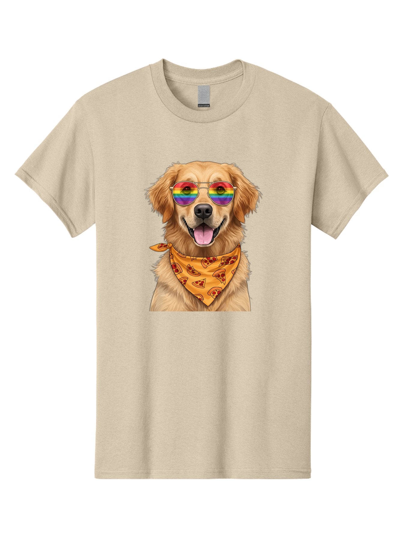 Golden-Retriever-With-Sunglasses-1 Men'S Graphic Tee, 100% Cotton, Comfortable Casual Summer Wear, Machine Washable, Funny Dog, Golden Retriever, Rainbow Sunglasses, Trendy Accessories, Pizza Bandana, Cool Canine, Playful Pet Bac004 10