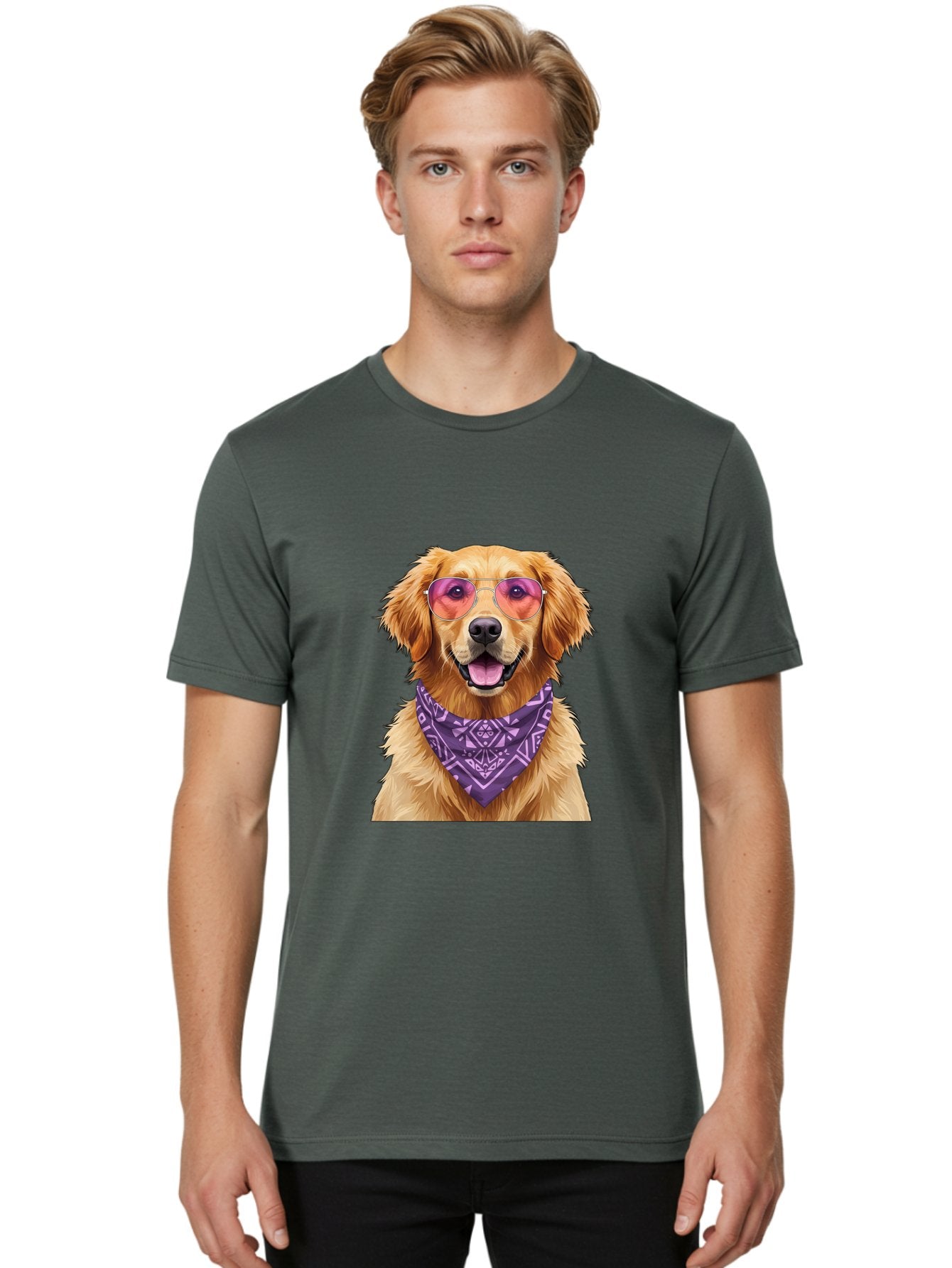 Golden-Retriever-With-Sunglasses Men'S Graphic Tee, 100% Cotton, Comfortable Casual Summer Wear, Machine Washable, Golden Retriever Dog, Trendy Sunglasses, Purple Bandana, Stylish Accessories, Cool Canine, Funky Pet, Modern Dog Design, Bac005 20
