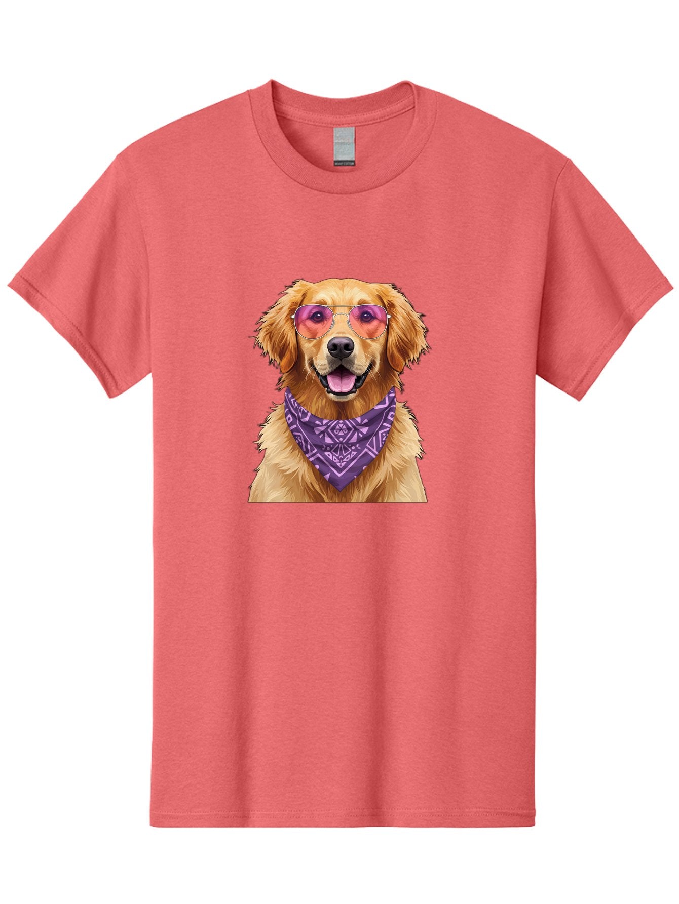 Golden-Retriever-With-Sunglasses Men'S Graphic Tee, 100% Cotton, Comfortable Casual Summer Wear, Machine Washable, Golden Retriever Dog, Trendy Sunglasses, Purple Bandana, Stylish Accessories, Cool Canine, Funky Pet, Modern Dog Design, Bac005 4