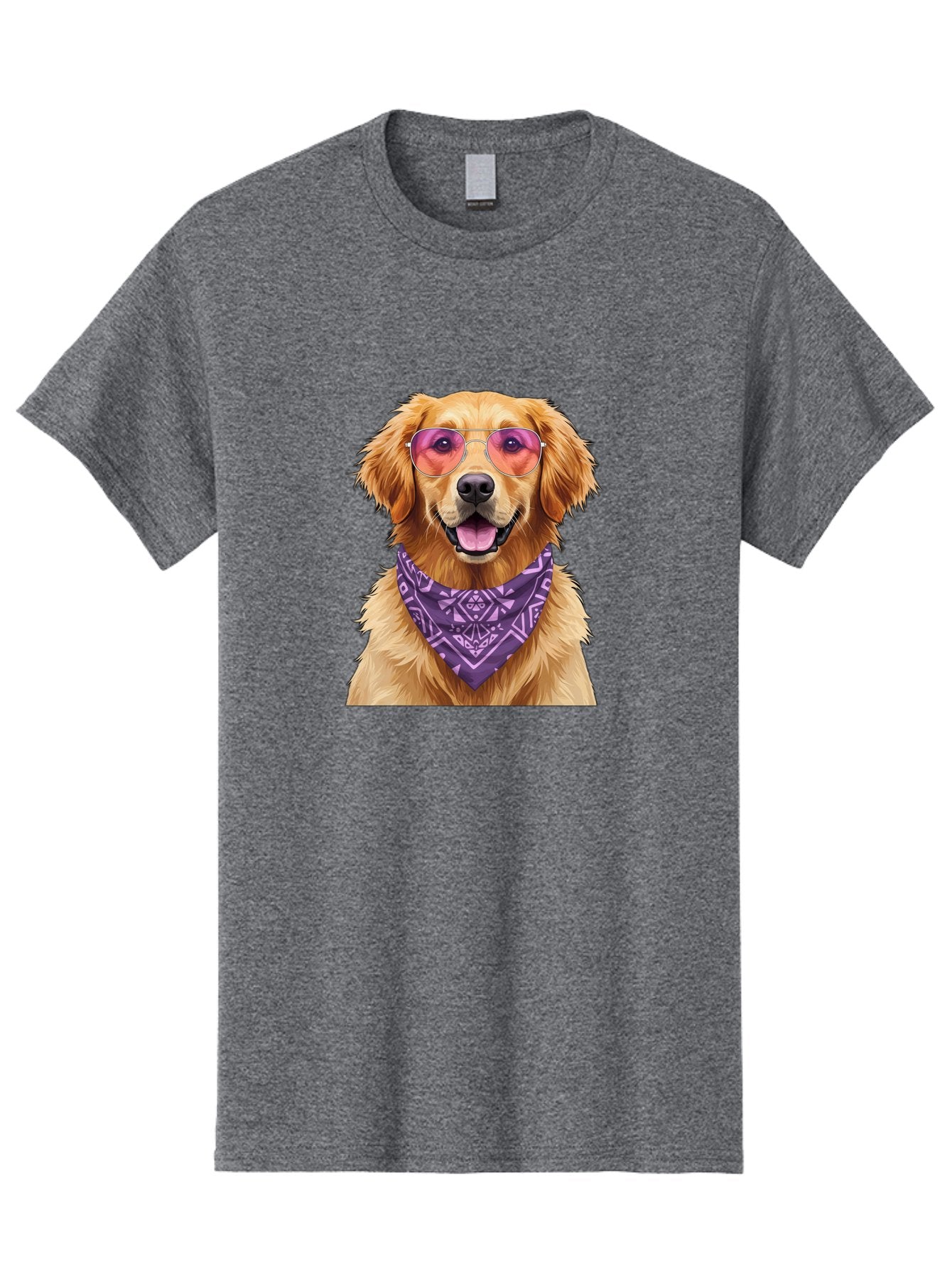 Golden-Retriever-With-Sunglasses Men'S Graphic Tee, 100% Cotton, Comfortable Casual Summer Wear, Machine Washable, Golden Retriever Dog, Trendy Sunglasses, Purple Bandana, Stylish Accessories, Cool Canine, Funky Pet, Modern Dog Design, Bac005