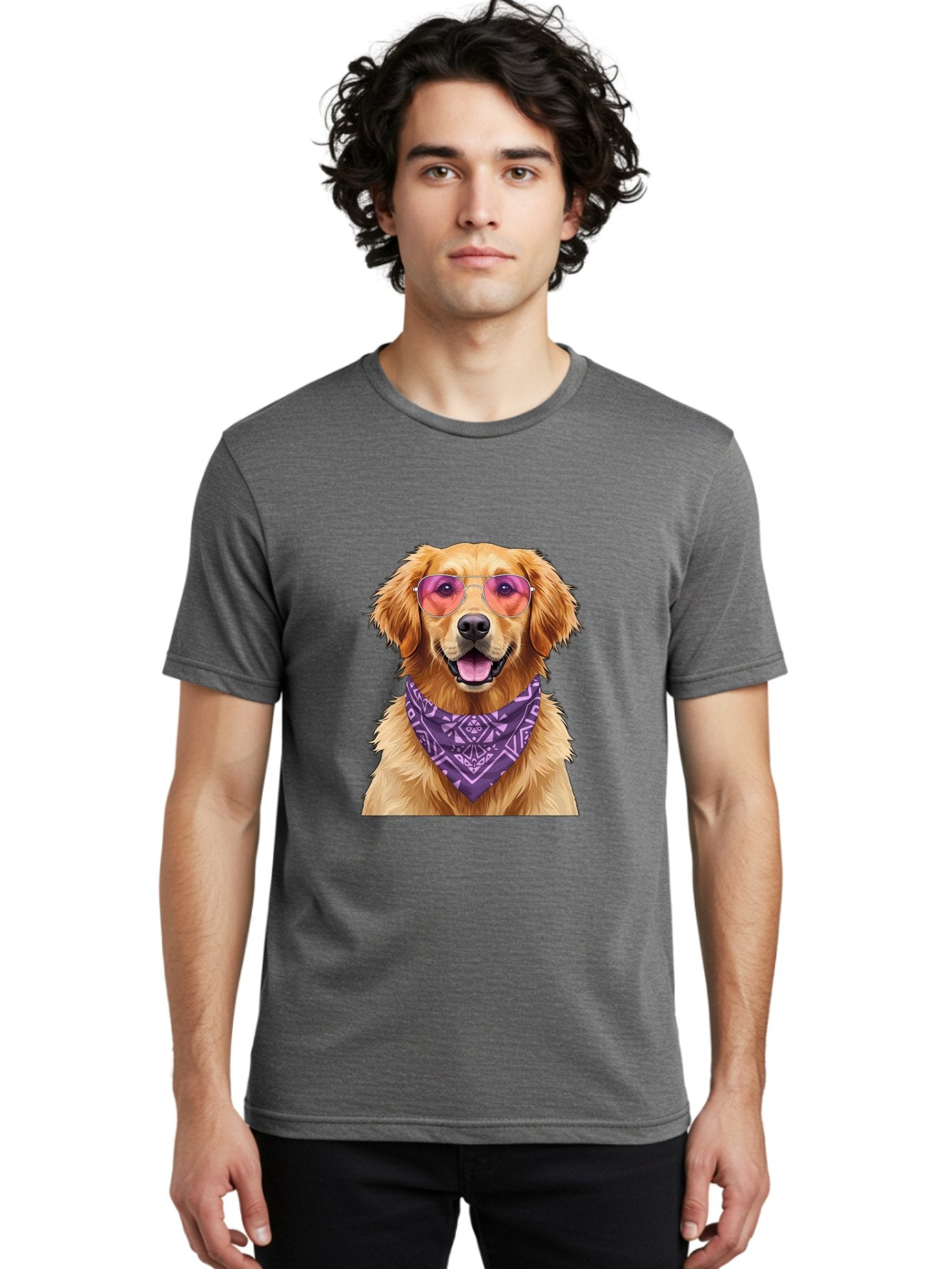 Golden-Retriever-With-Sunglasses Men'S Graphic Tee, 100% Cotton, Comfortable Casual Summer Wear, Machine Washable, Golden Retriever Dog, Trendy Sunglasses, Purple Bandana, Stylish Accessories, Cool Canine, Funky Pet, Modern Dog Design, Bac005 21