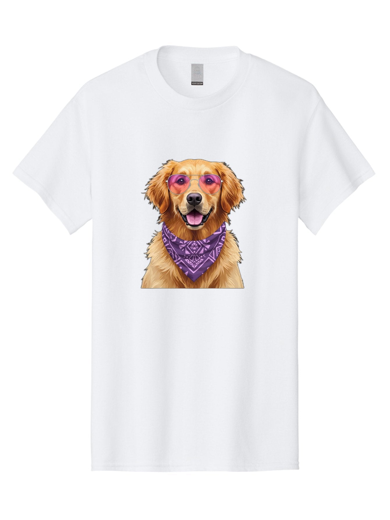 Golden-Retriever-With-Sunglasses Men'S Graphic Tee, 100% Cotton, Comfortable Casual Summer Wear, Machine Washable, Golden Retriever Dog, Trendy Sunglasses, Purple Bandana, Stylish Accessories, Cool Canine, Funky Pet, Modern Dog Design, Bac005 7