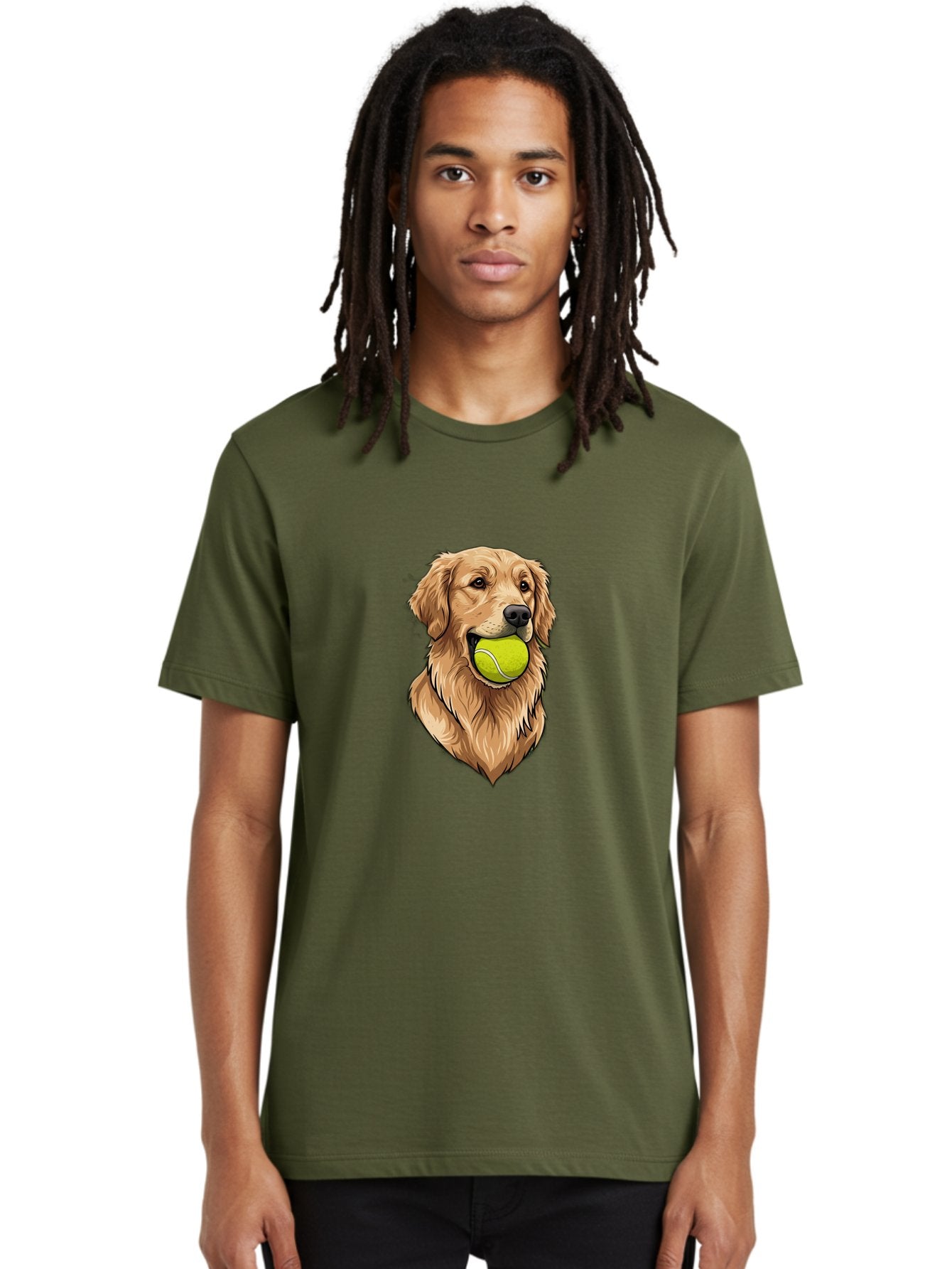 Golden-Retriever-With-Tennis-Ball Men'S Graphic Tee, 100% Cotton, Comfortable Casual Summer Wear, Machine Washable, Golden Retriever Dog Holding Tennis Ball, Playful Pup, Tennis Ball In Mouth, Fun Pet, Playful Pet, Dog Illustration, Bac006 29