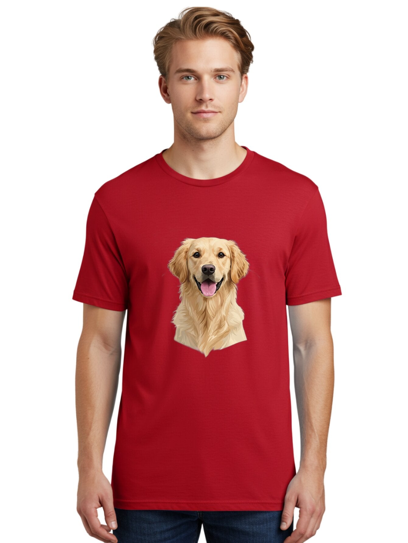 Golden-Retriever Men'S Graphic Tee, 100% Cotton, Comfortable Casual Summer Wear, Machine Washable, Happy Golden Retriever, Friendly Dog, Smiling Pet, Playful Animal, Cute Canine, Dog Portrait, Retriever Illustration Bac007 24