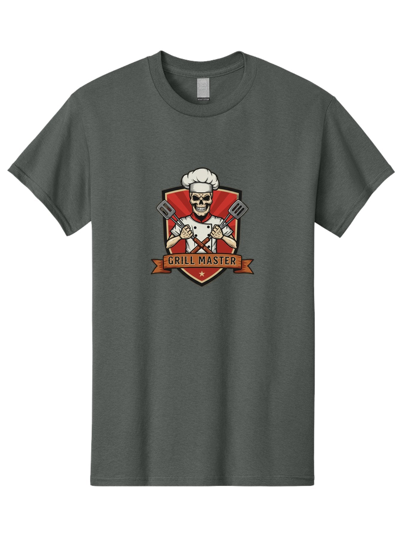 Grill-Master-1 Men'S Graphic Tee, 100% Cotton, Comfortable Casual Summer Wear, Machine Washable, Skull Chef, Grill Master Logo, Chef Hat, Crossed Spatulas, Red Shield, Cooking Theme, Kitchen Design, Chef Uniform, Skeleton Chef Bac010 9