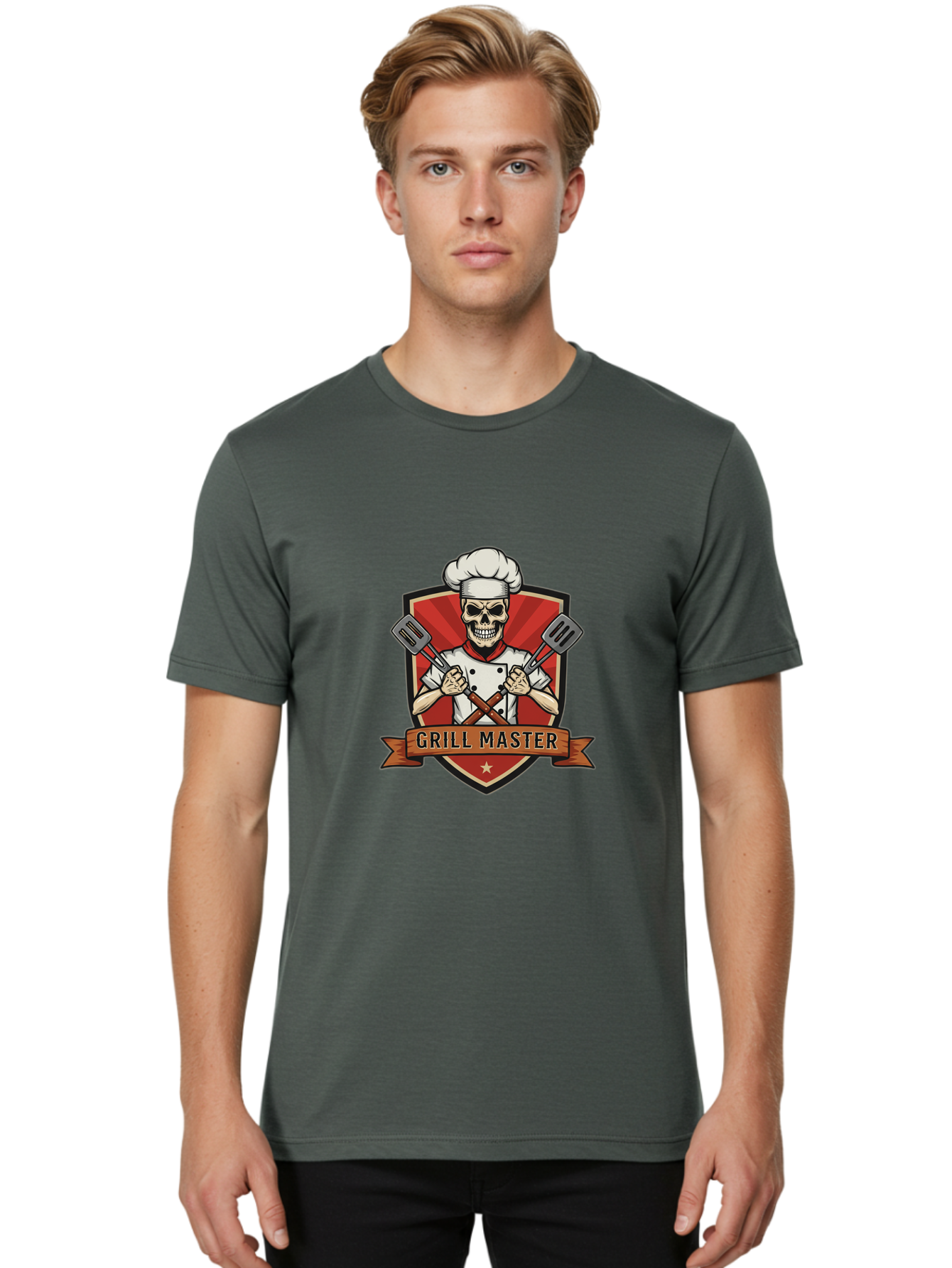 Grill-Master-1 Men'S Graphic Tee, 100% Cotton, Comfortable Casual Summer Wear, Machine Washable, Skull Chef, Grill Master Logo, Chef Hat, Crossed Spatulas, Red Shield, Cooking Theme, Kitchen Design, Chef Uniform, Skeleton Chef Bac010 20