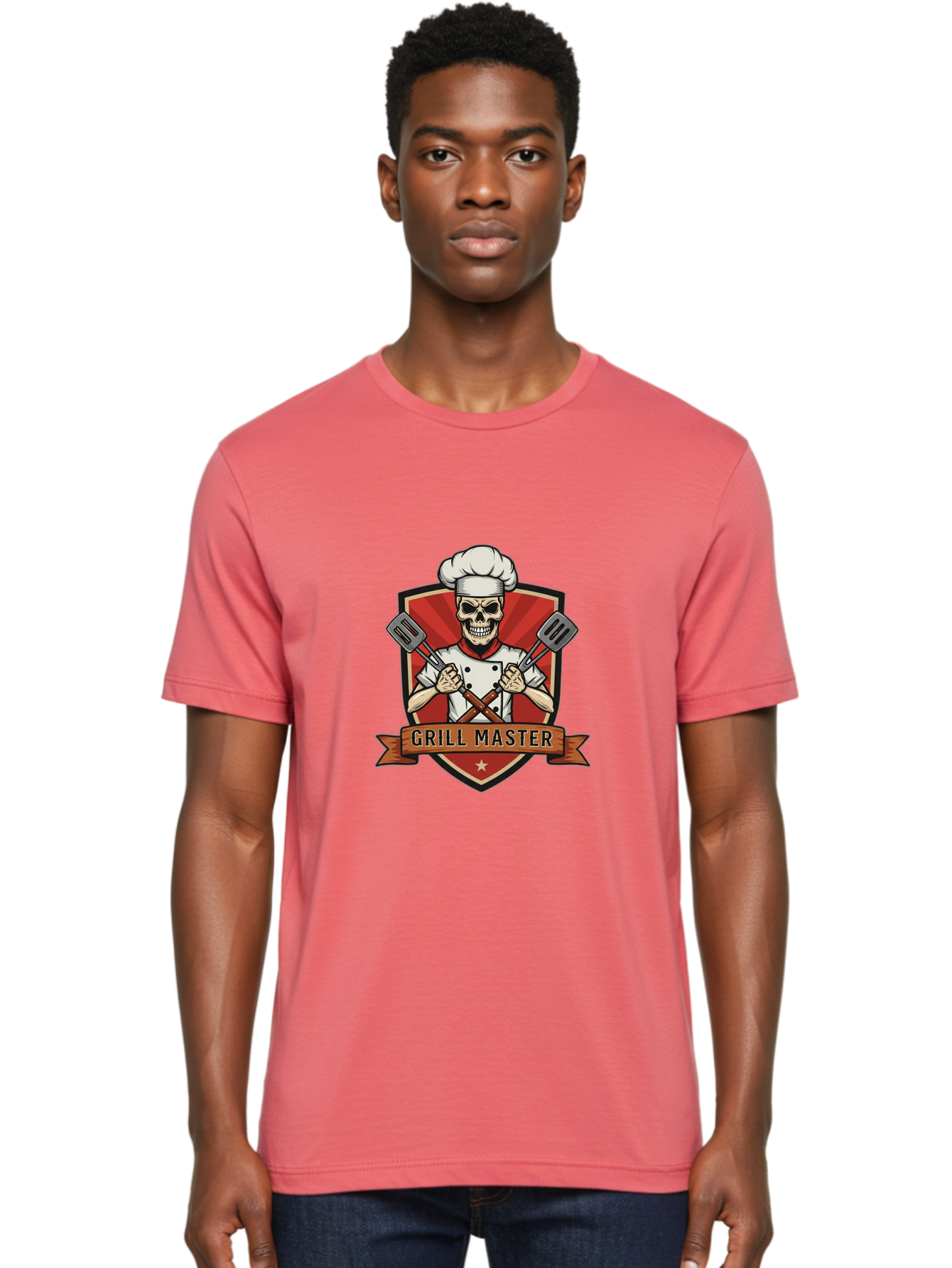 Grill-Master-1 Men'S Graphic Tee, 100% Cotton, Comfortable Casual Summer Wear, Machine Washable, Skull Chef, Grill Master Logo, Chef Hat, Crossed Spatulas, Red Shield, Cooking Theme, Kitchen Design, Chef Uniform, Skeleton Chef Bac010 30